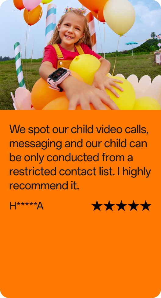 Kundenbewertung: Lächelndes Mädchen mit imoo Kinder-Smartwatch am Handgelenk, umgeben von bunten Luftballons auf einer Feier. Bewertungstext: „Videoanrufe, Nachrichten und Anrufe unseres Kindes sind nur mit einer eingeschränkten Kontaktliste möglich – sehr sicher! Absolut empfehlenswert." Benutzer: H*****A. Bewertung: 5 von 5 Sternen.