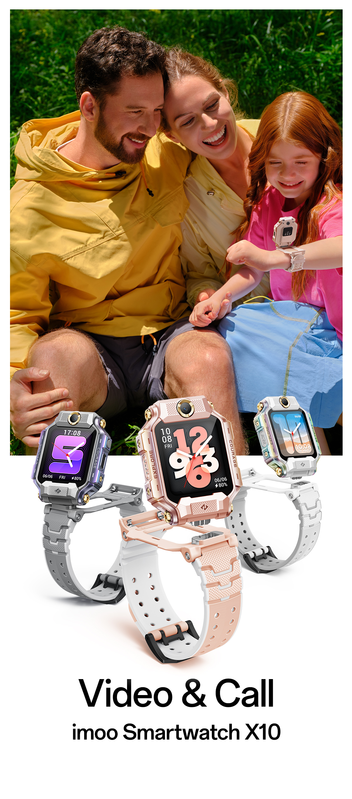 imoo Smartwatch X10: Grau, Roségold und Weiß mit einer Familie im Freien für Produktseite