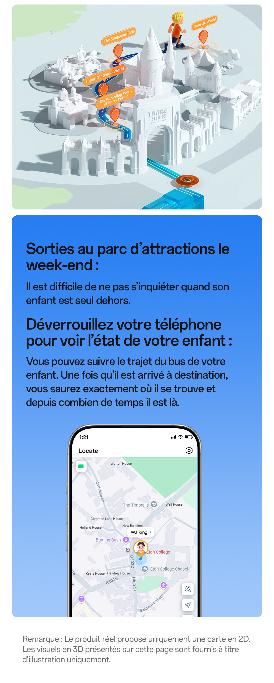 imoo Smartwatch X10 Standortverfolgung im Freizeitpark via 'Locate'-App auf Smartphone. Produktseite.