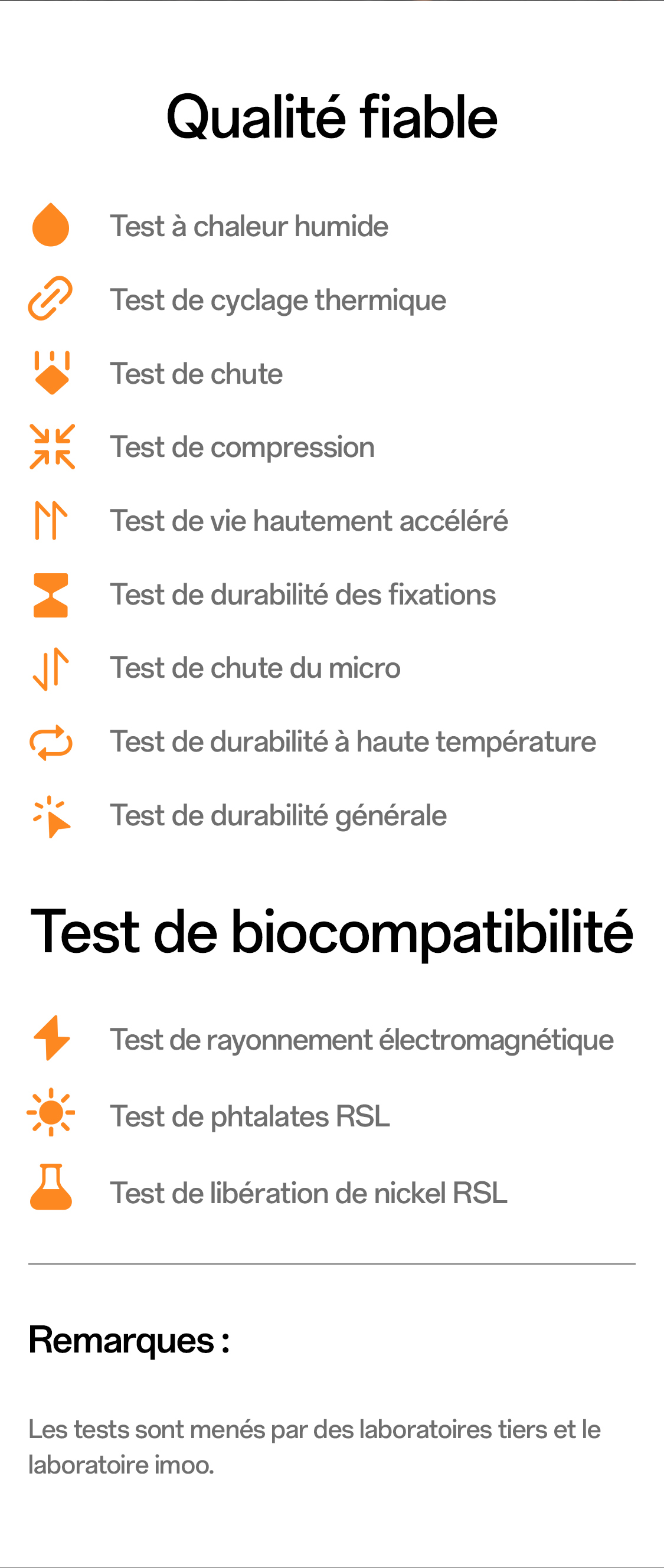 imoo Smartwatch X10 Qualitätssiegel: Liste der Zuverlässigkeits- und Biokompatibilitätstests für imoo Lab.