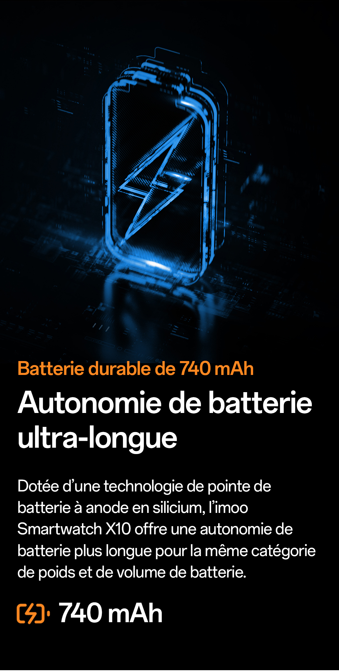 imoo Smartwatch X10: 740 mAh Akku mit Blitzsymbol, betont ultralange Laufzeit. Produktseite.