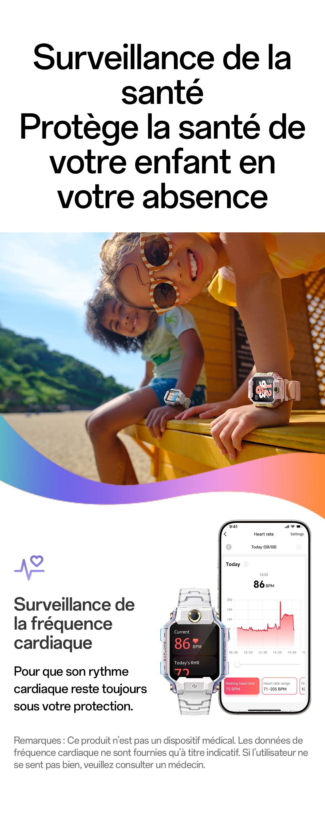 imoo Smartwatch X10 zeigt Herzfrequenzmessung bei Kindern und die dazugehörige App. Produktseite.