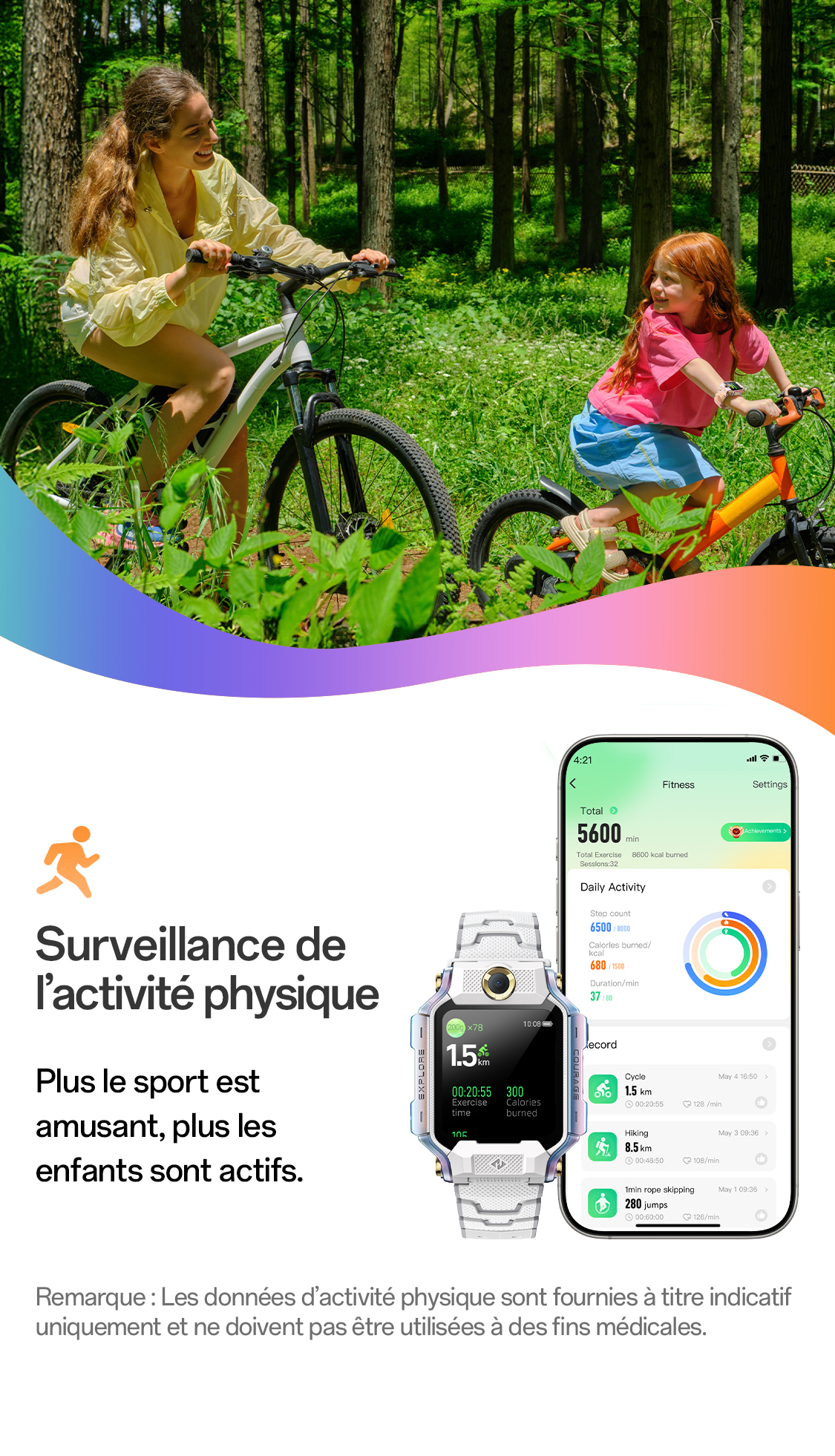 imoo Smartwatch X10 mit Mutter und Kind beim Radfahren im Wald, zeigt Fitness-Tracking auf der Produktseite.