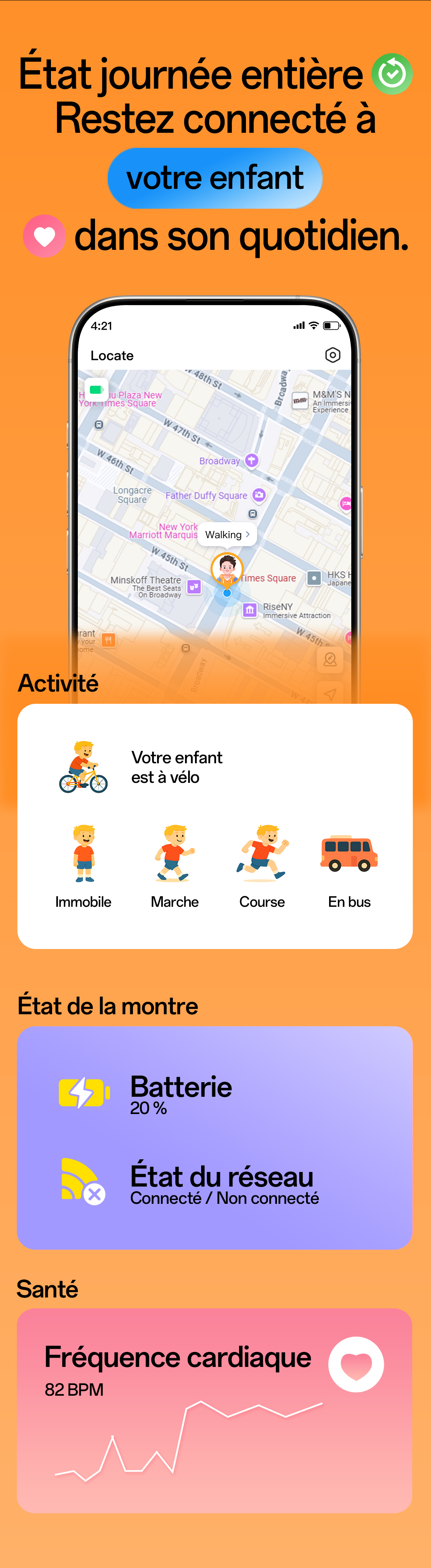 imoo Smartwatch X10 Eltern-App zeigt Kindersuche in New York, Verhaltensstatus und Herzfrequenz auf Produktseite