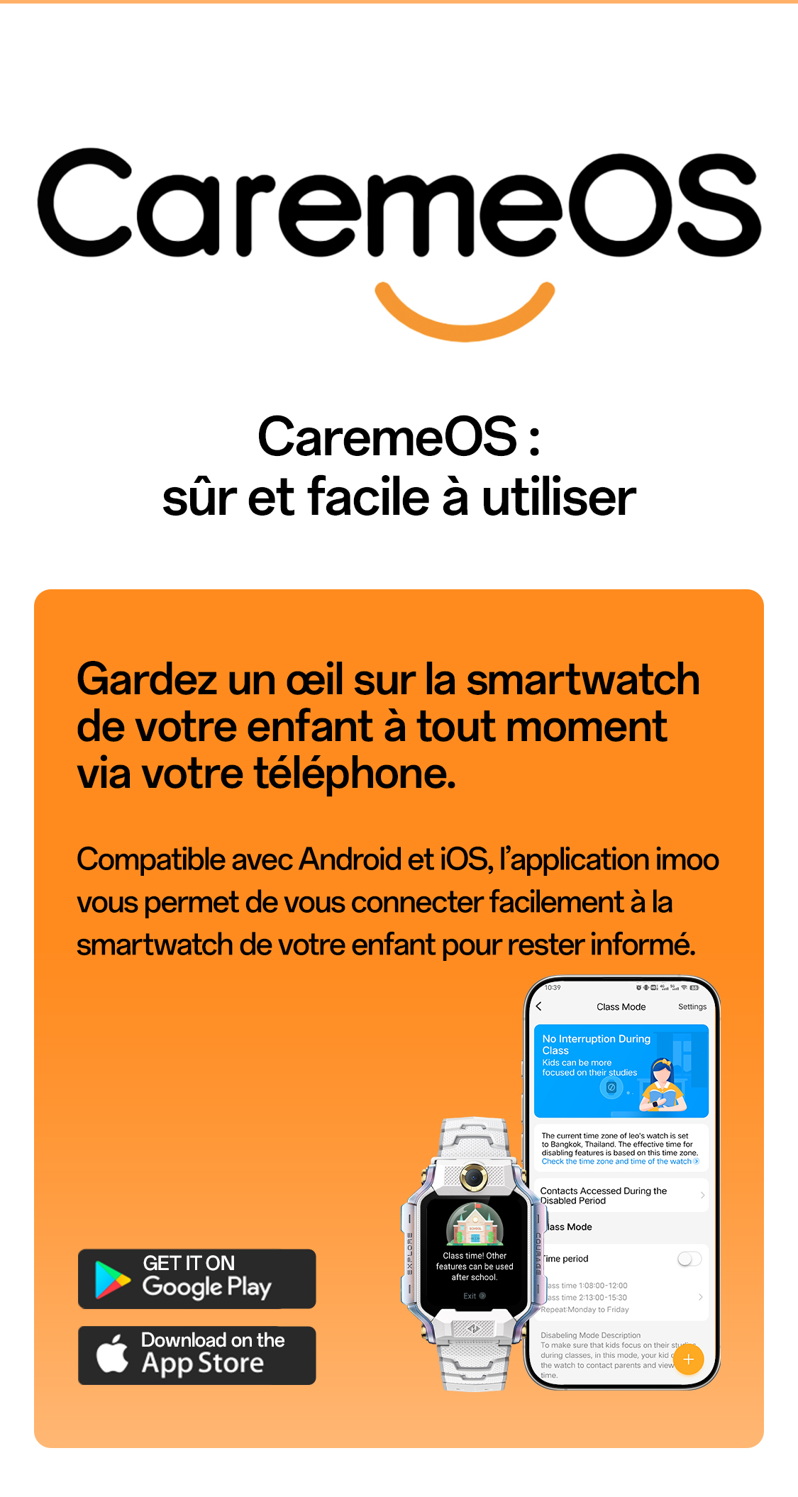 imoo Smartwatch X10: 'Class Mode' für Kindersicherung via App. Weiß/Silber. Produktseite.