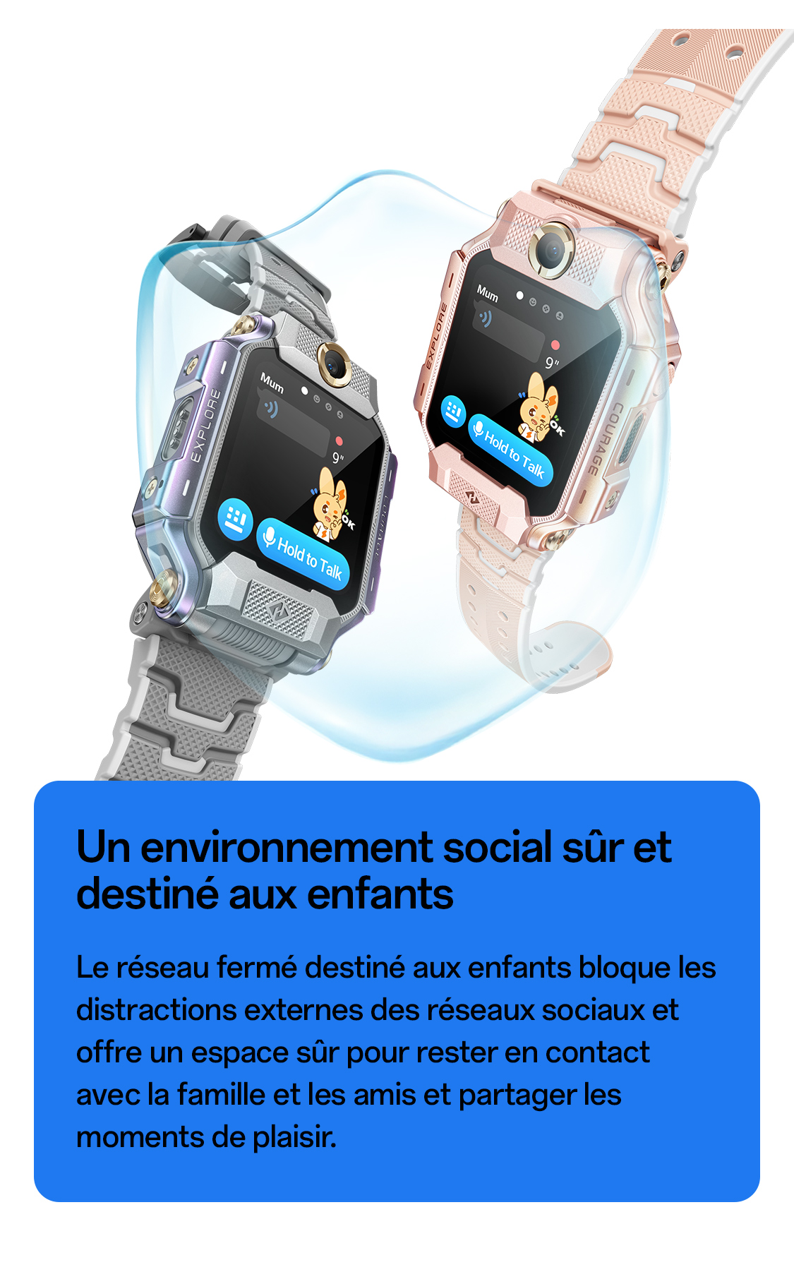 imoo Smartwatch X10 in Grau und Roségold zeigt Anruffunktion mit 'Hold to Talk' und Emojis auf der Produktseite.