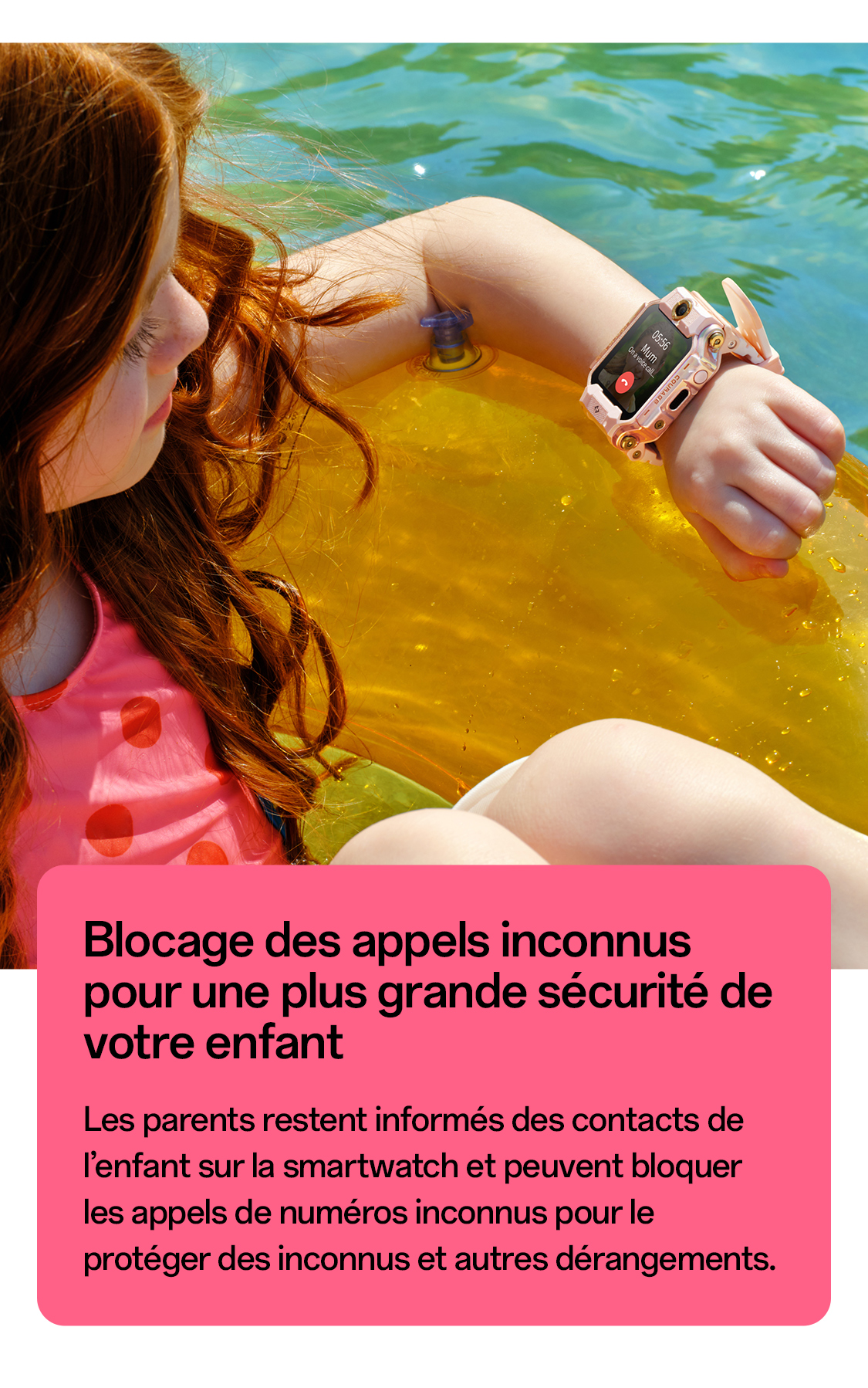 Kind mit rosafarbener imoo X10 Uhr schwimmt, sichere Anruffunktion