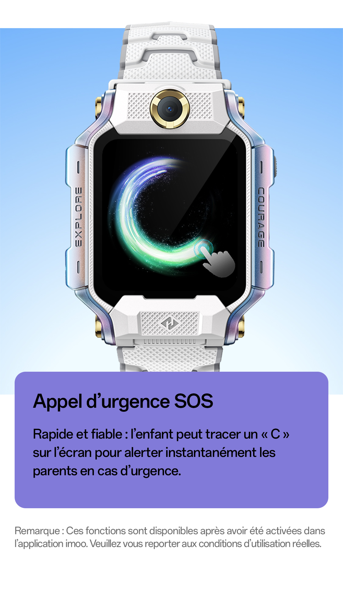 imoo Smartwatch X10 Weiß: SOS-Notruf durch 'C'-Zeichnung auf dem Display. Produktseite.