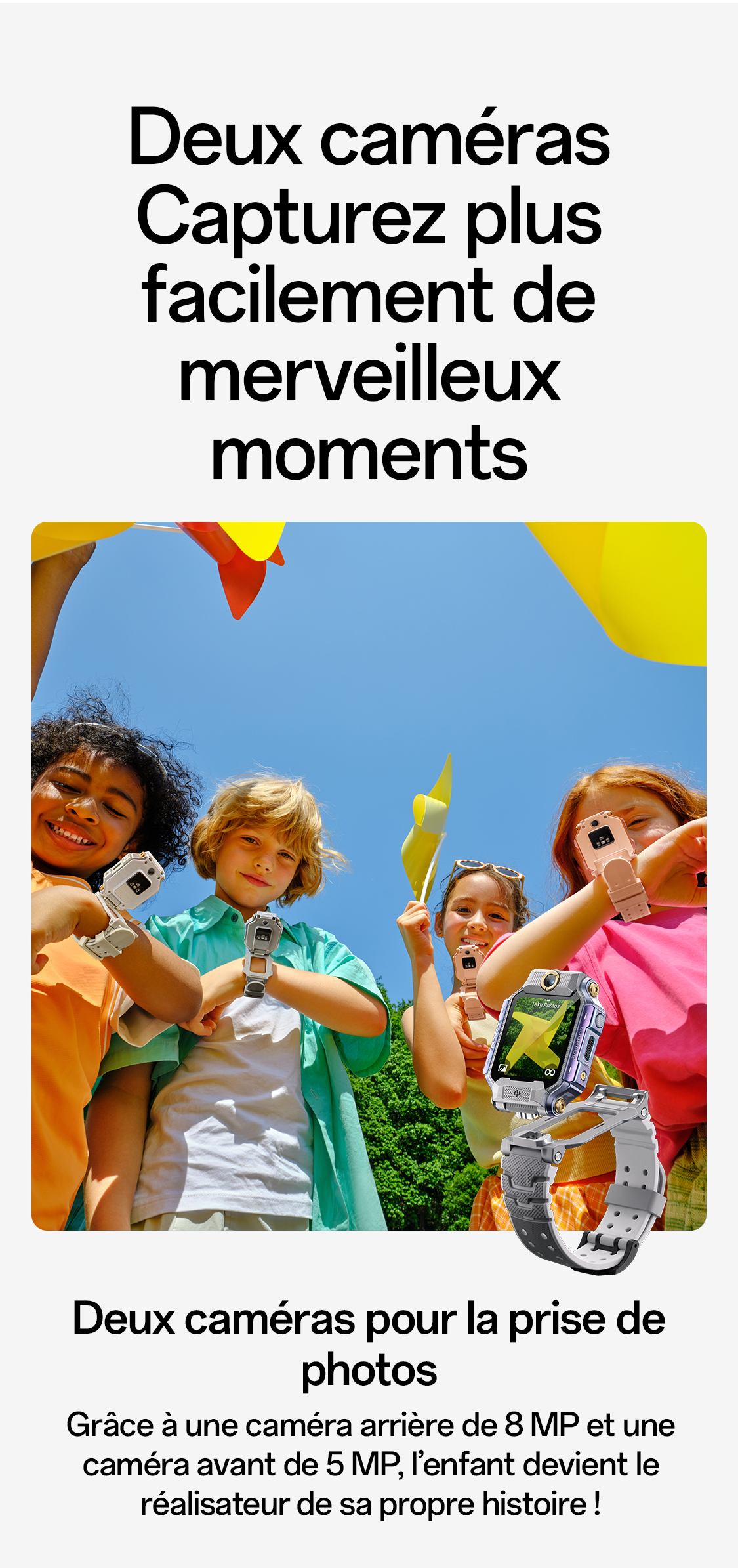 Vier Kinder mit imoo Smartwatch X10 in Rosa, Weiß und Grau zeigen Dual-Kamerafunktionen. Produktfoto.