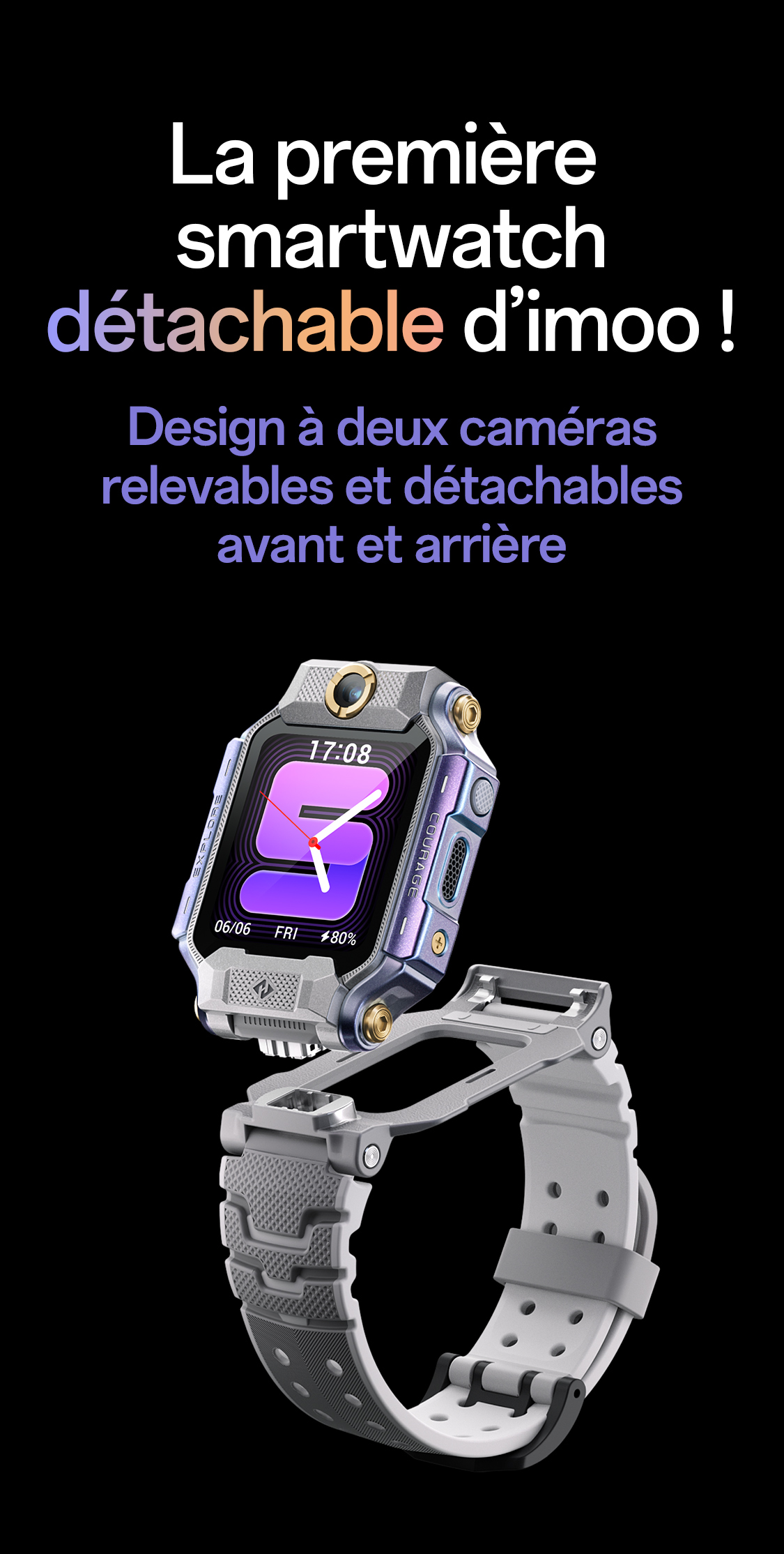 imoo Smartwatch X10 mit abnehmbarem Flip-Design und Dual-Kameras auf Vorder- und Rückseite, Grau und Weiß. Produktseite.