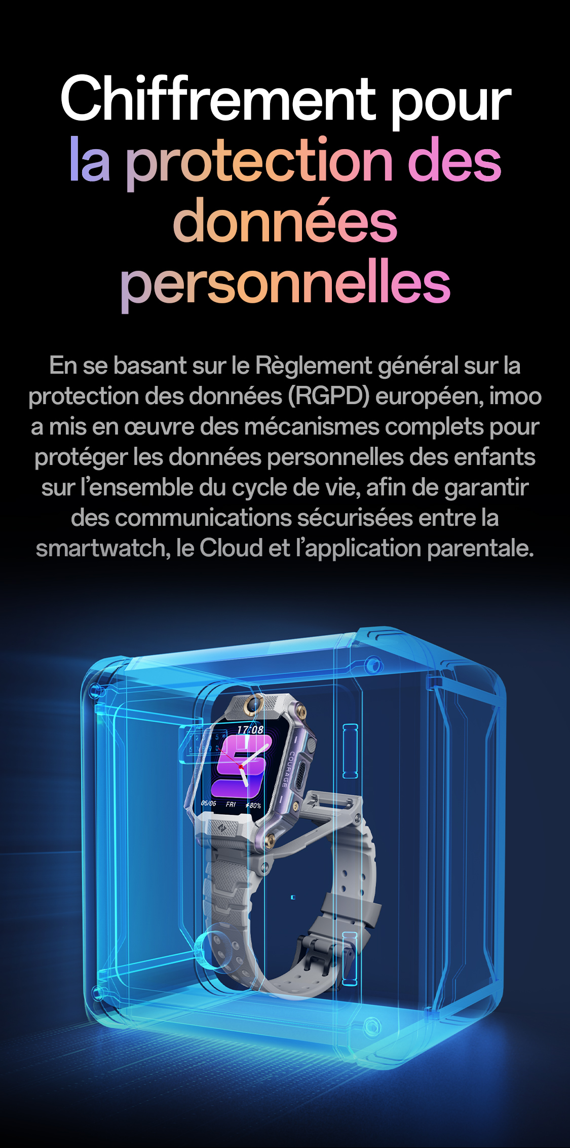 imoo Smartwatch X10 Grau/Weiß in Verschlüsselungsbox, Datenschutz für Kinder. Produktseite.