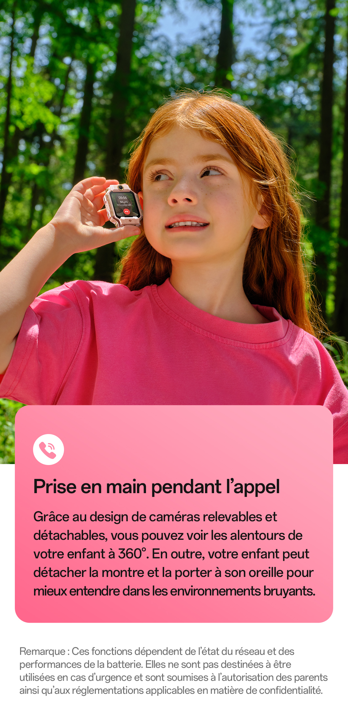 imoo Smartwatch X10 mit rosa Armband im Wald bei Anruf von 'Mum' auf der Produktseite.