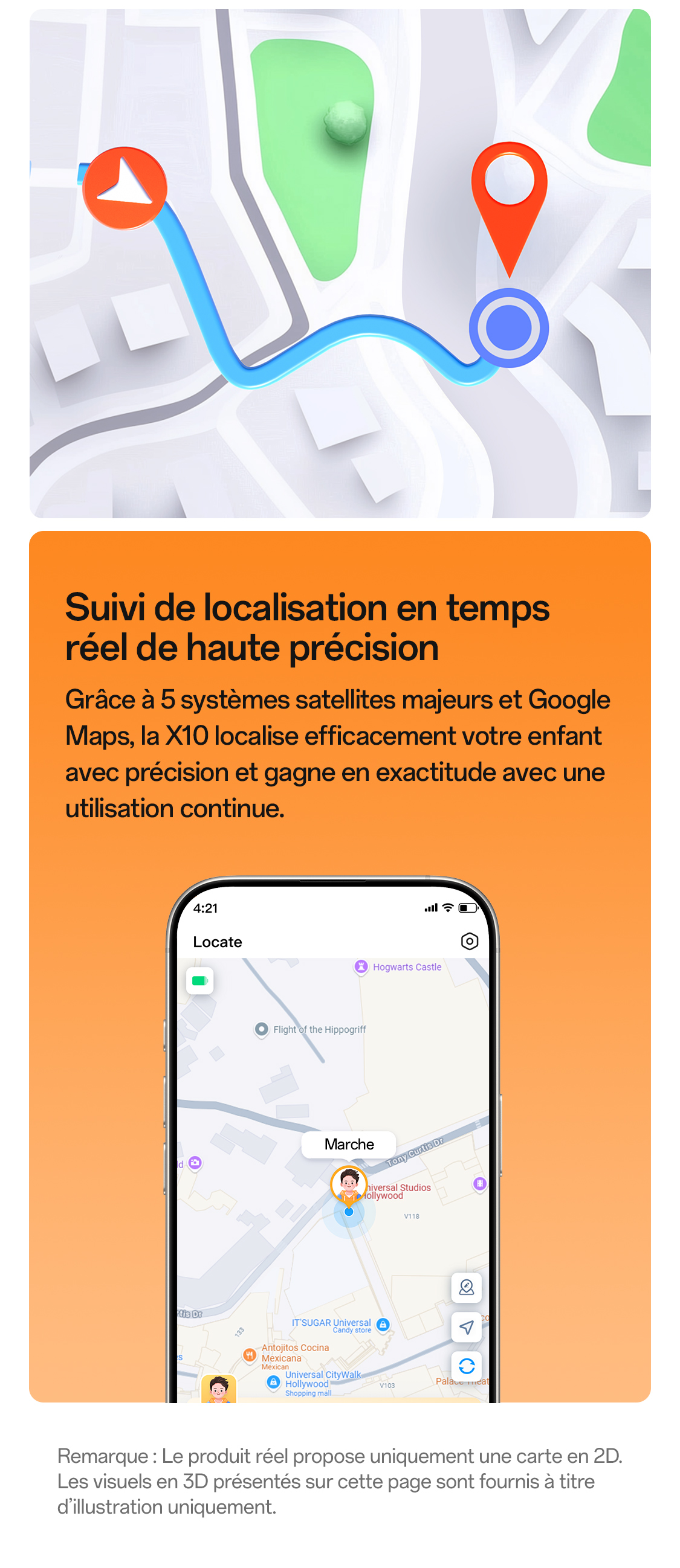 imoo Smartwatch X10: Standortverfolgung mit Karte und Kindersymbol auf dem Smartphone-Display. Produktseite.