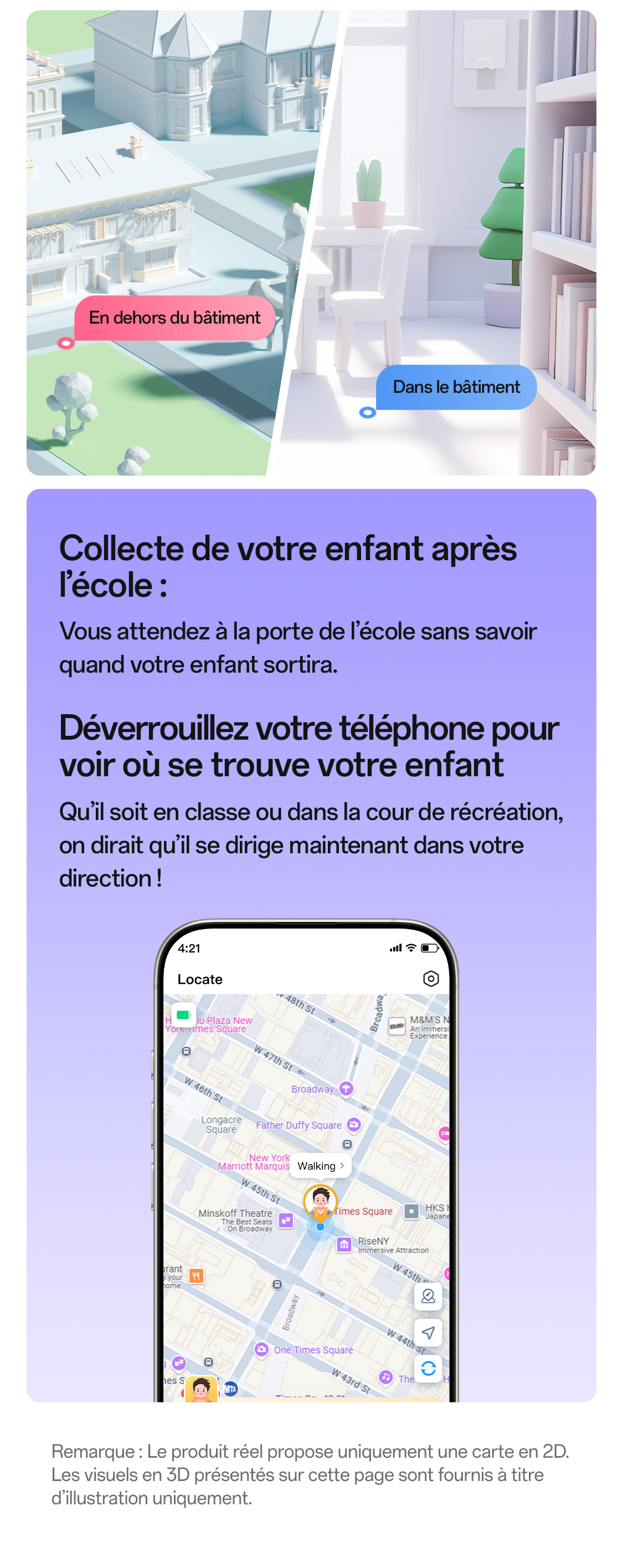 imoo Smartwatch X10 zeigt Kindesstandort auf Times Square Karte der Locate App. Produktseite.