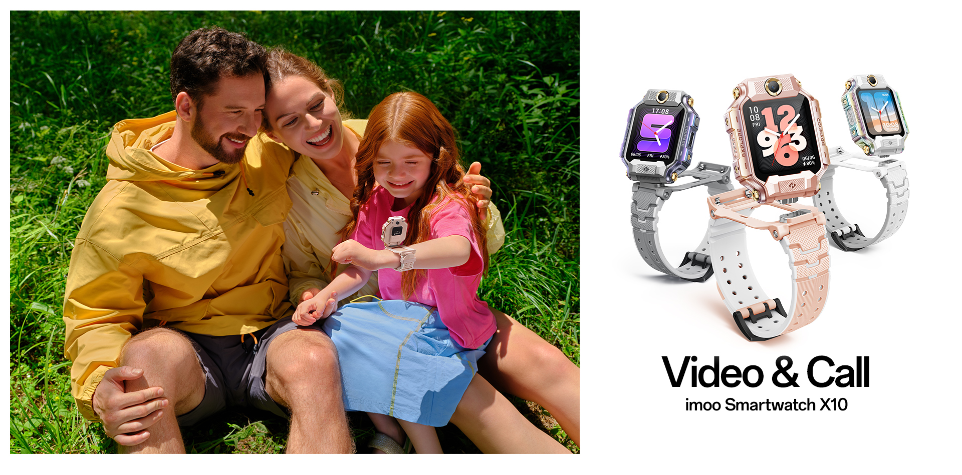 imoo Smartwatch X10 in Grau, Roségold und Weiß mit glücklicher Familie im Freien, Produktpräsentation