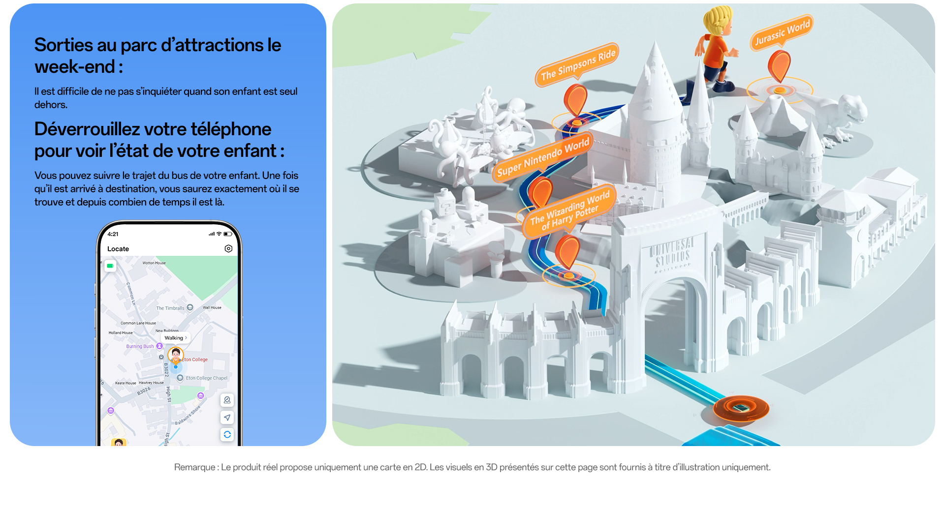 imoo Smartwatch X10 zeigt Standortverfolgung im Freizeitpark mit 'Locate'-App auf dem Smartphone. Produktseite.