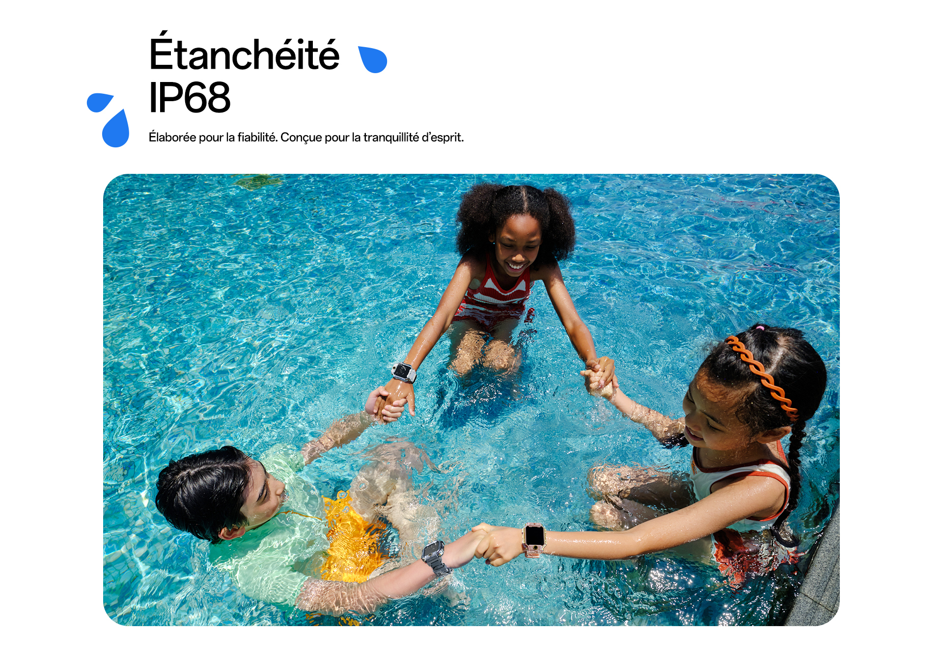 imoo X10 Smartwatch zeigt Wasserdichtigkeit: Kinder spielen lachend im Pool und tragen die Uhr, Produktseite