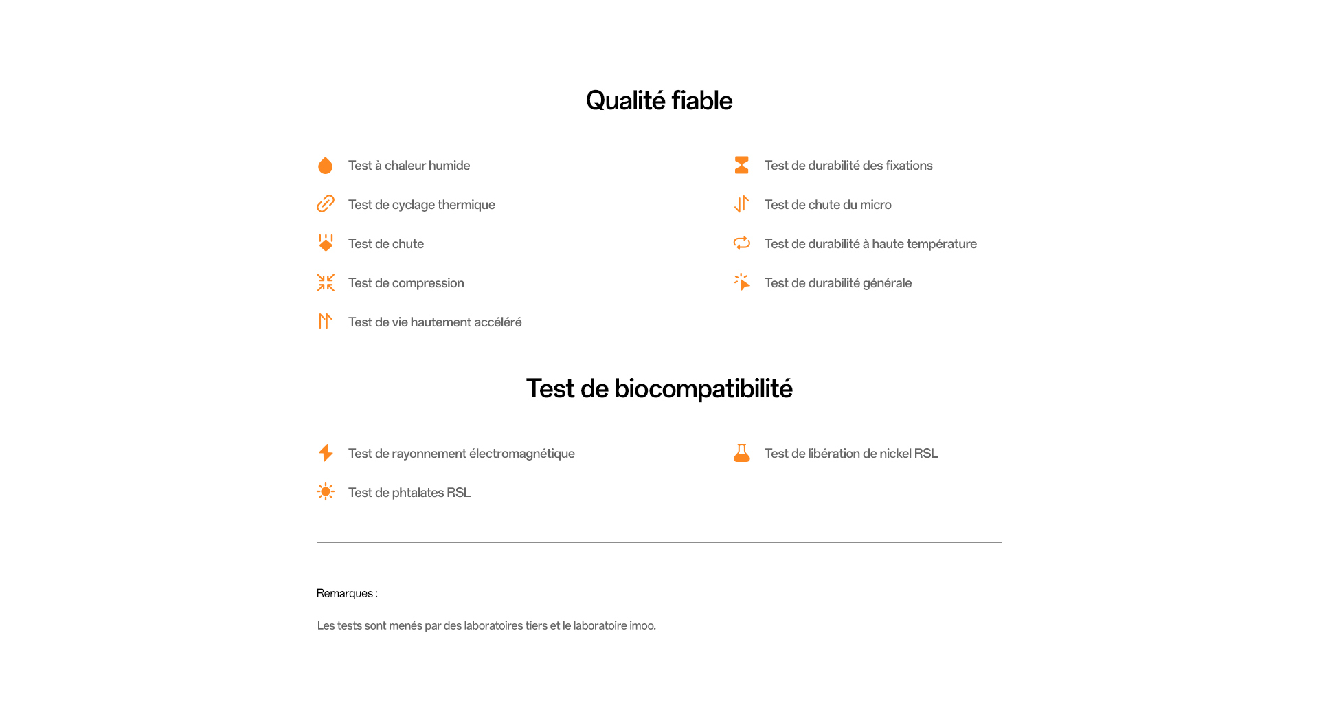 imoo Smartwatch X10: Übersicht der Zuverlässigkeits- und Biokompatibilitätstests zur Hervorhebung der Produktqualität.