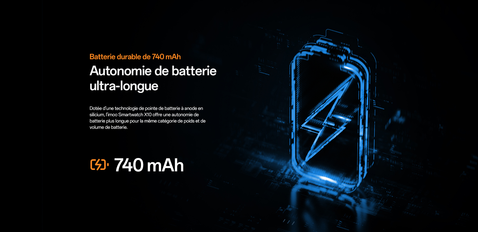 imoo Smartwatch X10 mit 740 mAh Akku, ultralange Laufzeit dank Siliziumanoden-Batterietechnologie, Produktseite