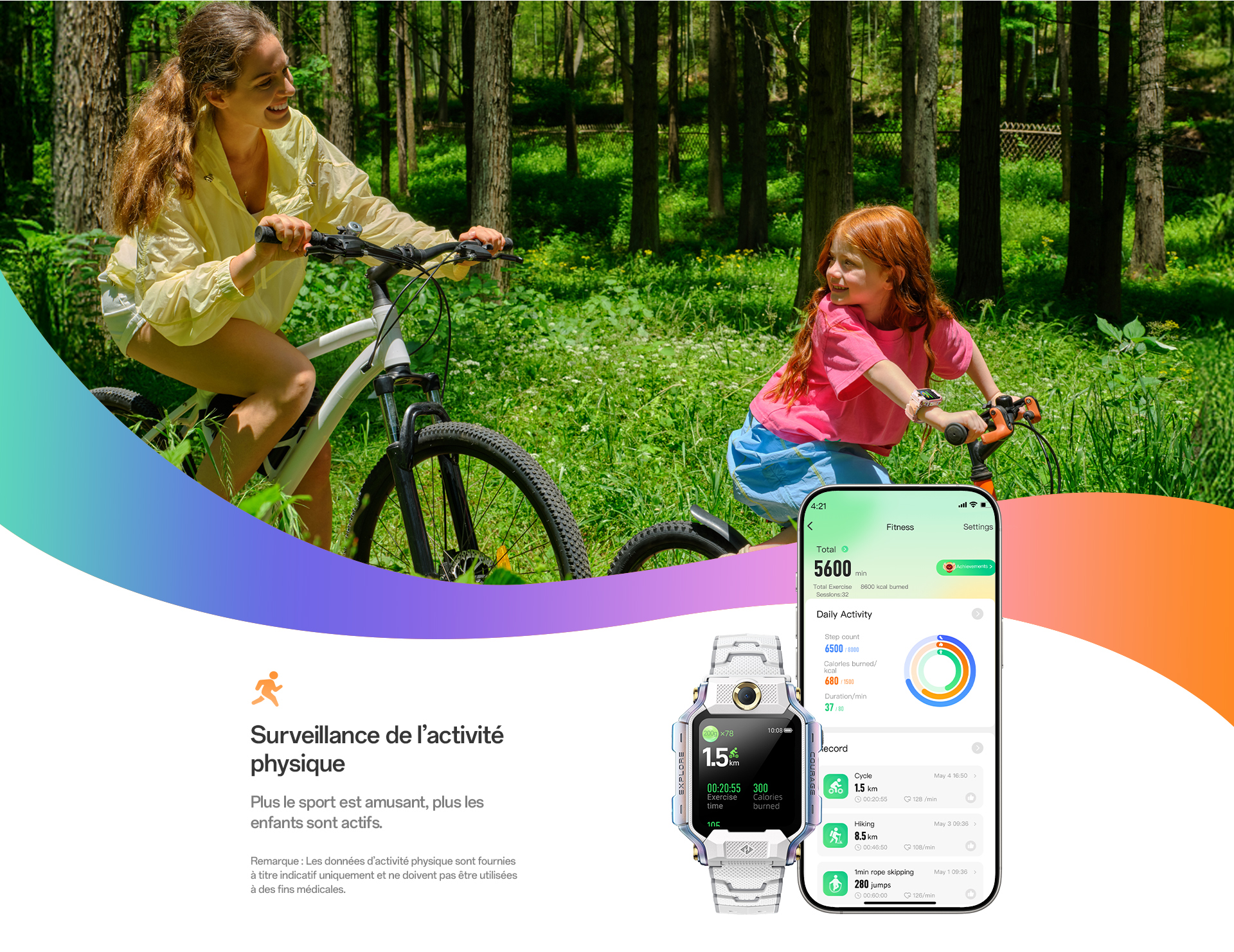 imoo Smartwatch X10 zeigt Fitness-Tracking beim Radfahren im Wald, Frau und Kind aktiv. Produktseite.