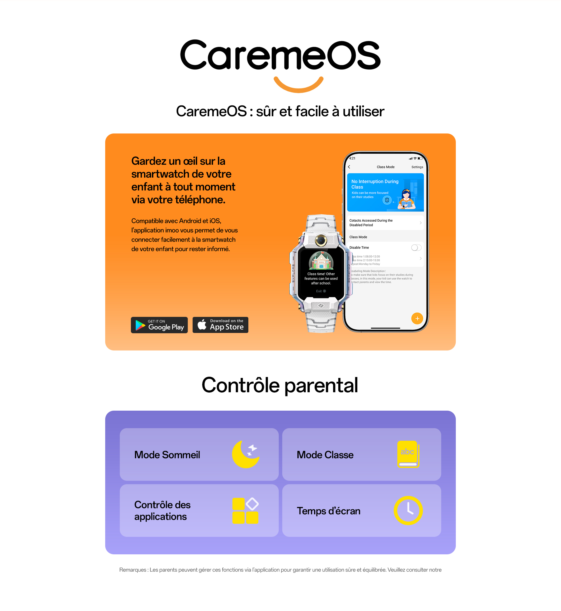 imoo Smartwatch X10 mit weißem Armband und Smartphone-App 'Class Mode' für konzentriertes Lernen auf einer Produktseite.