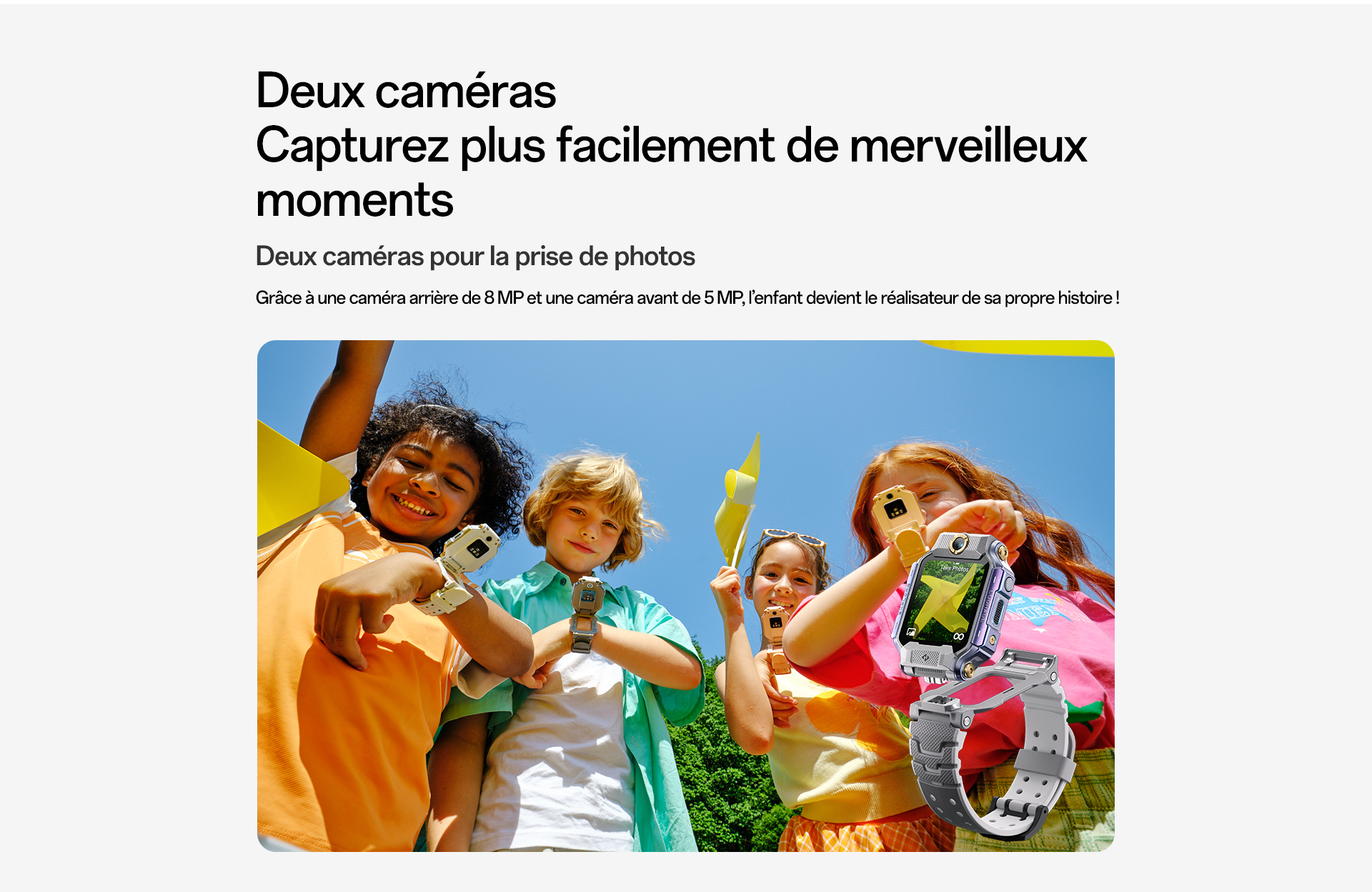 imoo Smartwatch X10: Grau und Roségold Varianten, Kind am Pool, weiße Uhr mit SOS-Funktion. Produktseite.