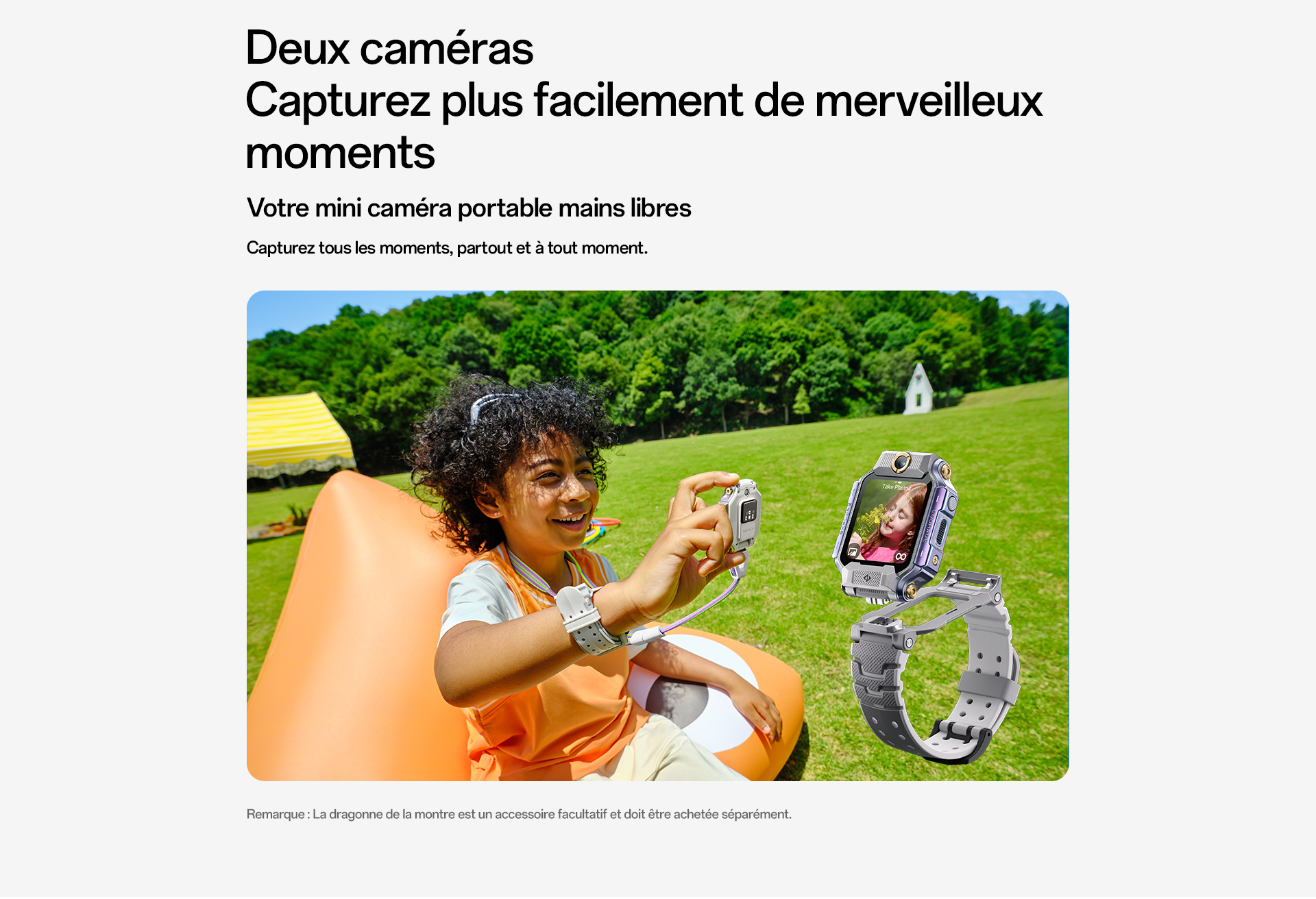 imoo Smartwatch X10: Vier Kinder mit bunten Smartwatches im Freien, die Dual-Kamerafunktion wird gezeigt. Produktseite.