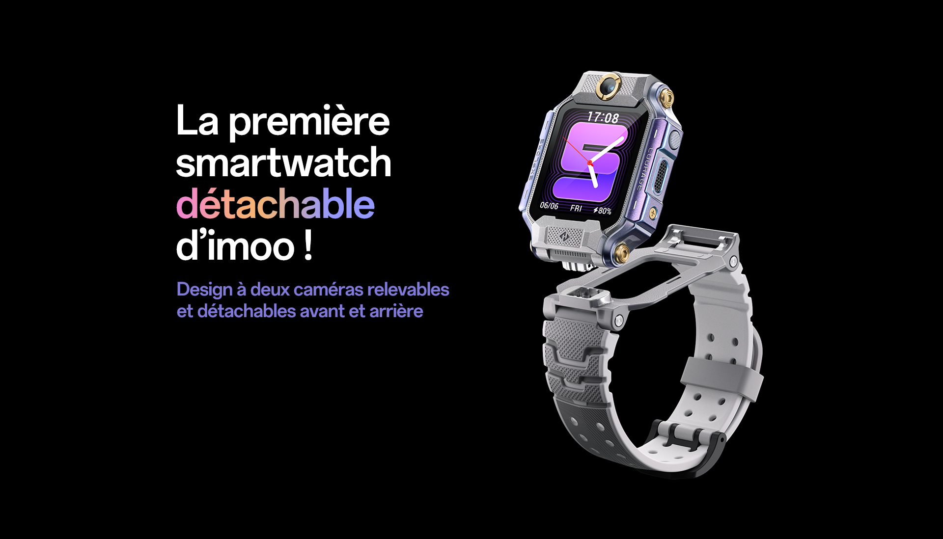 imoo Smartwatch X10 mit abnehmbarem Flip-Design und Dual-Kameras für Produktpräsentation