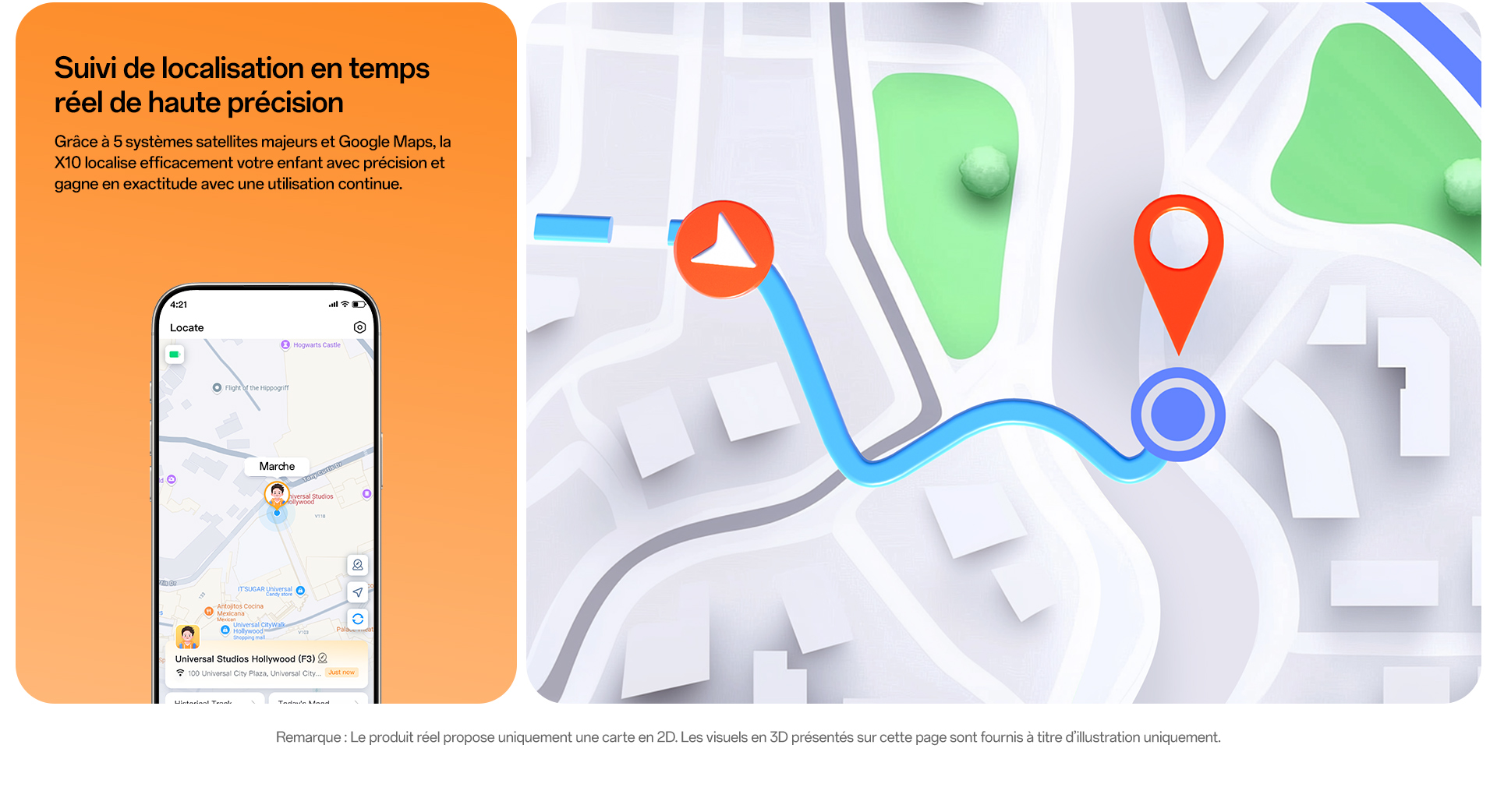 imoo Smartwatch X10 zeigt Echtzeit-Standortverfolgung mit Karte und 'Locate'-App auf dem Smartphone. Produktseite.