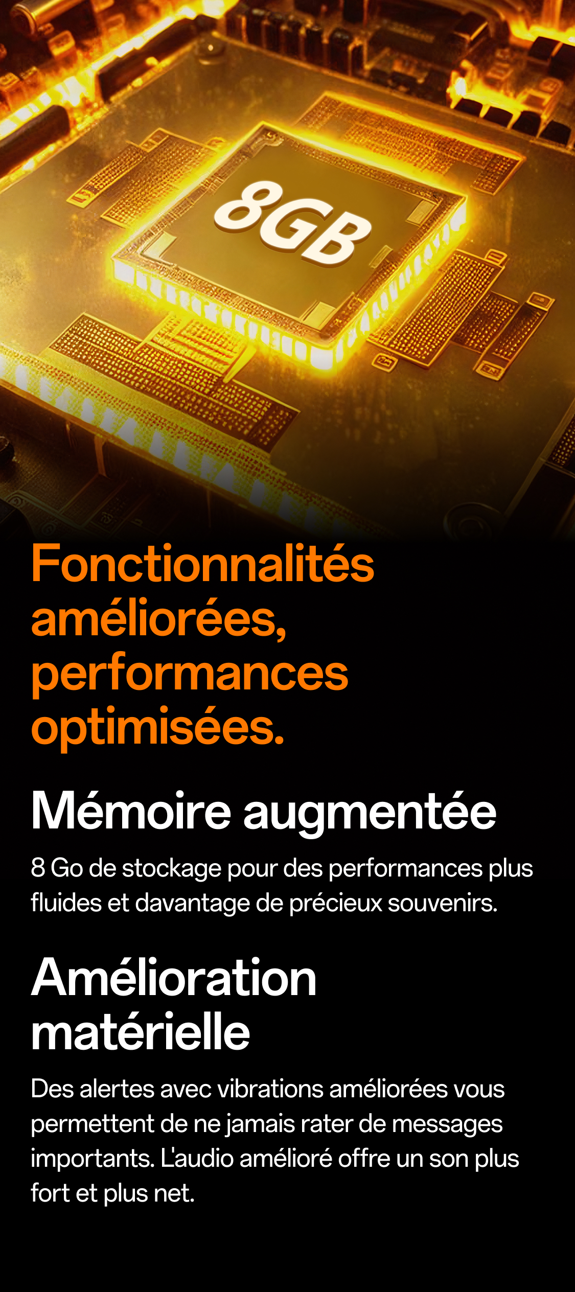 Goldener 8GB Mikrochip hervorhebt verbesserte Leistung und mehr Speicherplatz der imoo Z3 Smartwatch.