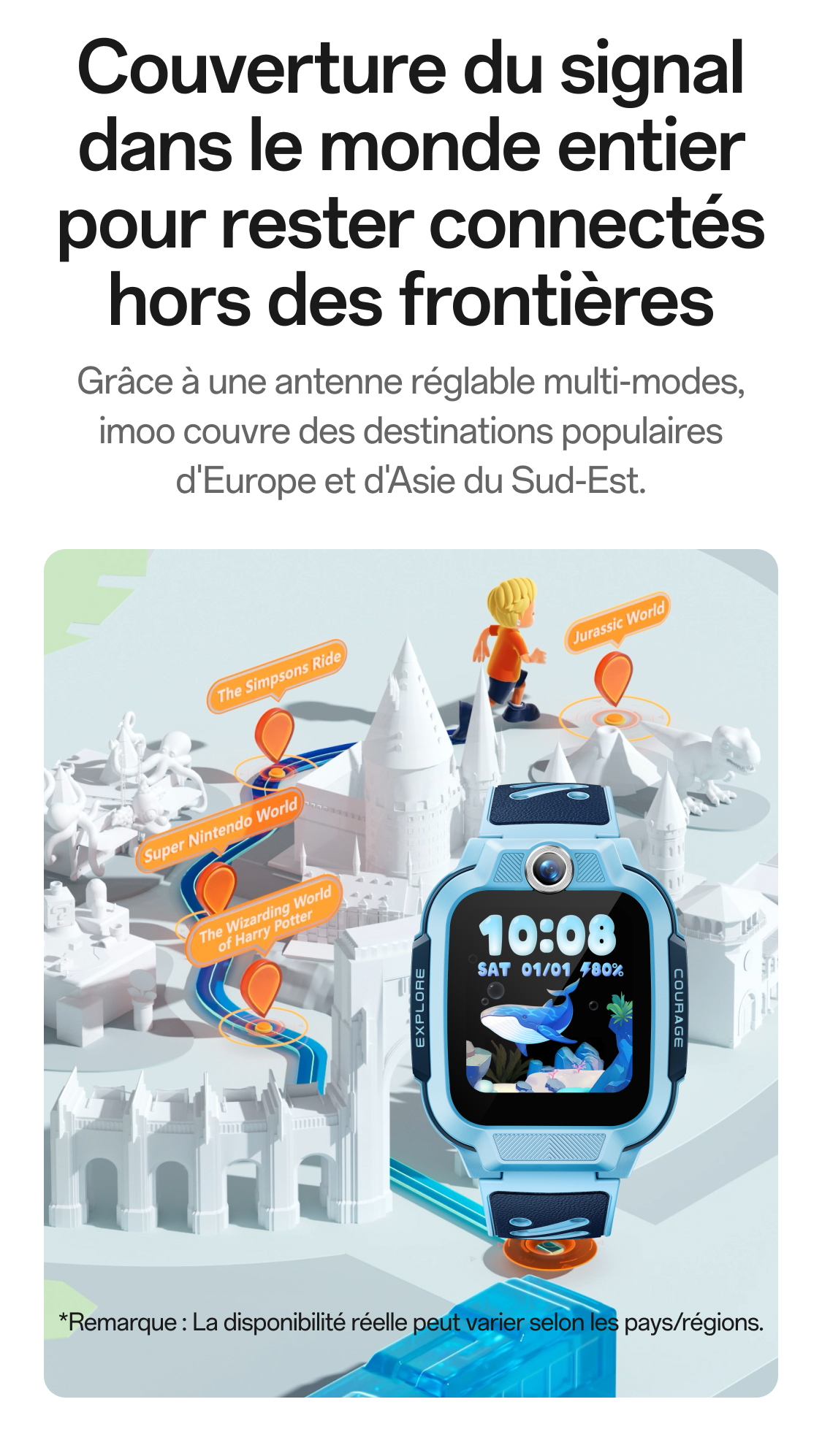 imoo Z3 globale Netzabdeckung: Weltkarte mit orangefarbenen Standort-Pins und leuchtenden Verbindungen. Produktseite.