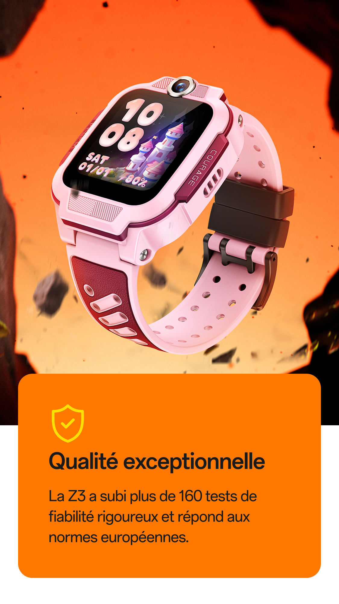 imoo Smartwatch Z3 Rosa Kinder-Smartwatch mit Burg-Zifferblatt, 'Hervorragende Qualität' Banner.