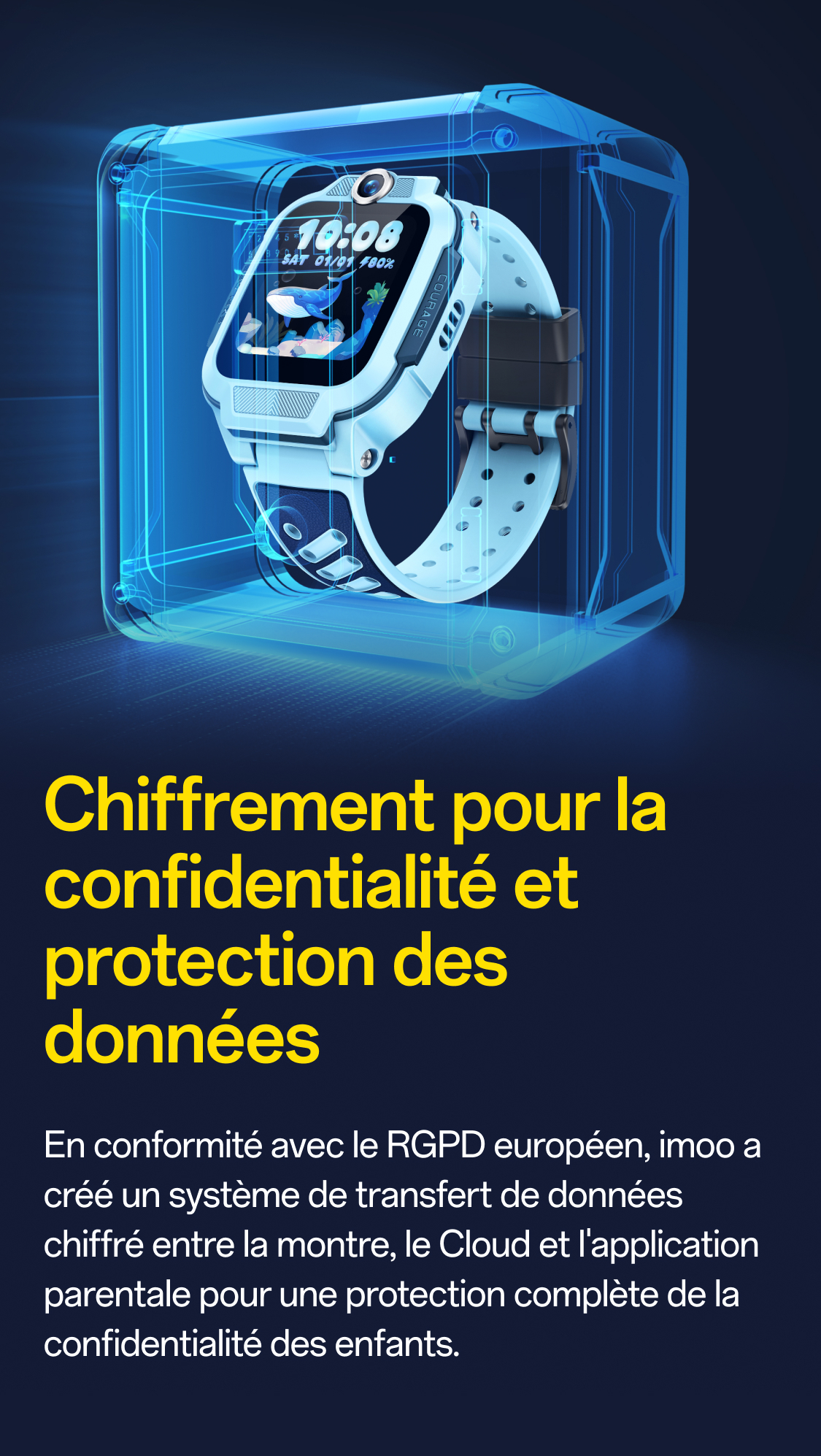 imoo Watch Phone Z3 (hellblau) mit Wal-Zifferblatt in blauer Hülle. 'Verschlüsselung & Datenschutz' betont Sicherheit.