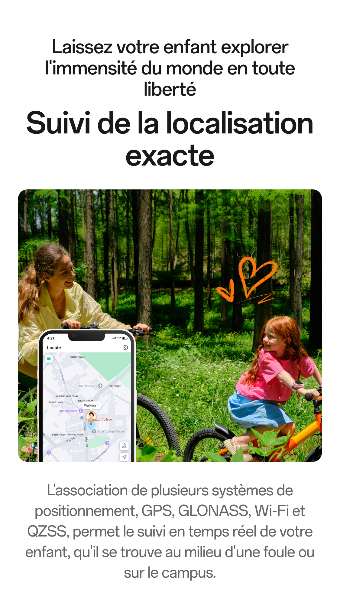 imoo Z3: Kindersicherheit beim Radfahren im Wald. Handy zeigt 'Locate' App, Kind mit Uhr ist genau verfolgbar.