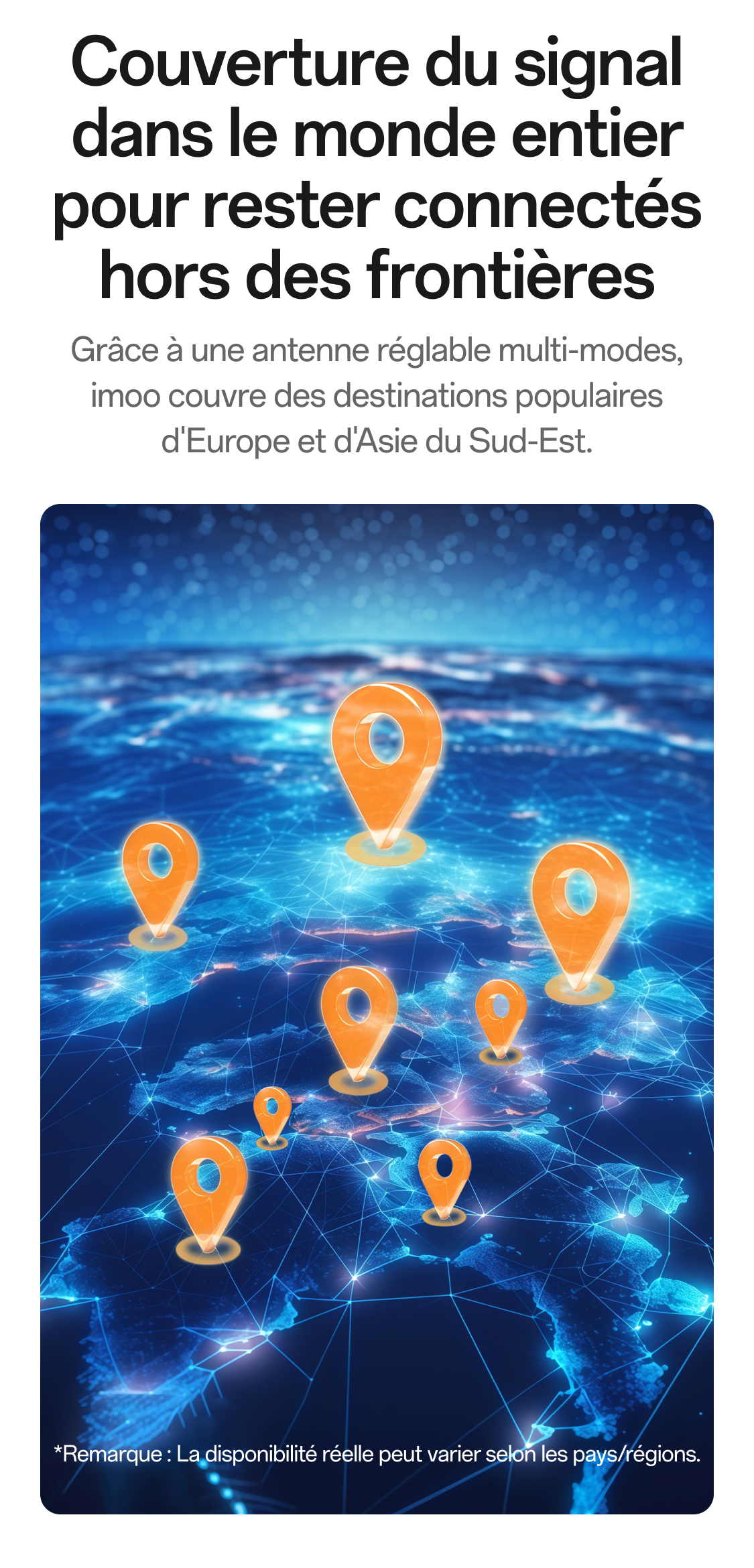 imoo Z3 globale Netzabdeckung: Weltkarte mit orangefarbenen Standort-Pins und leuchtenden Verbindungen. Produktseite.