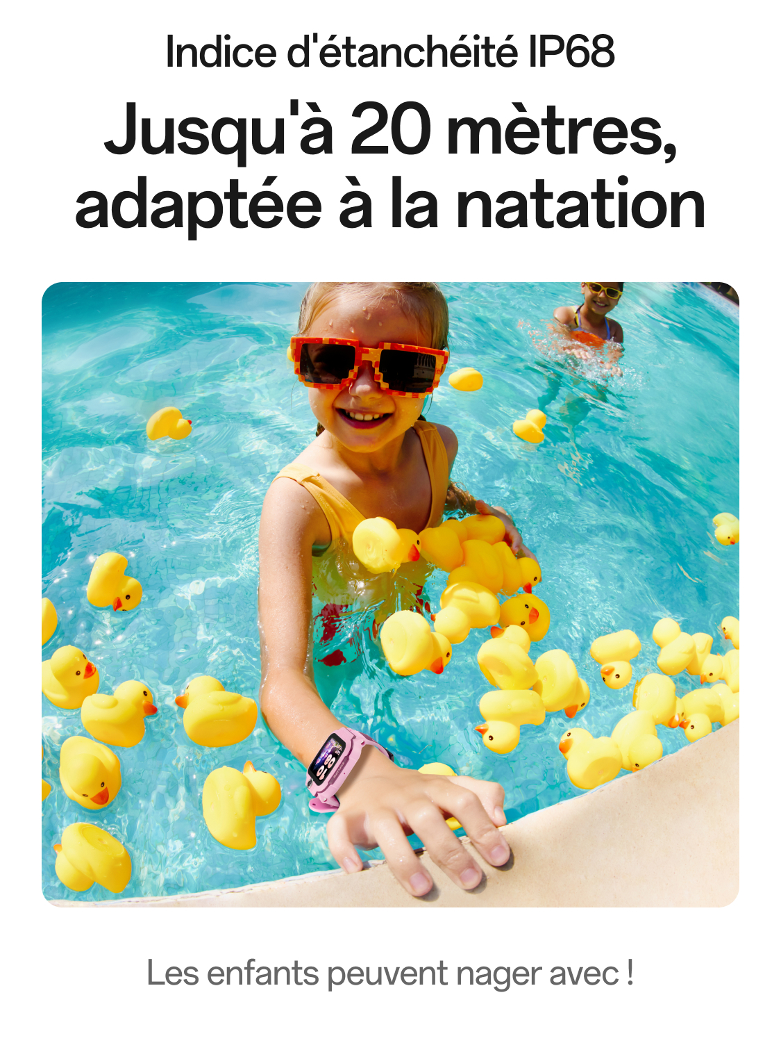 imoo Watch Phone Z3 rosa zeigt IP68 Wasserbeständigkeit beim Schwimmen im Pool mit Quietscheentchen, Produktseite