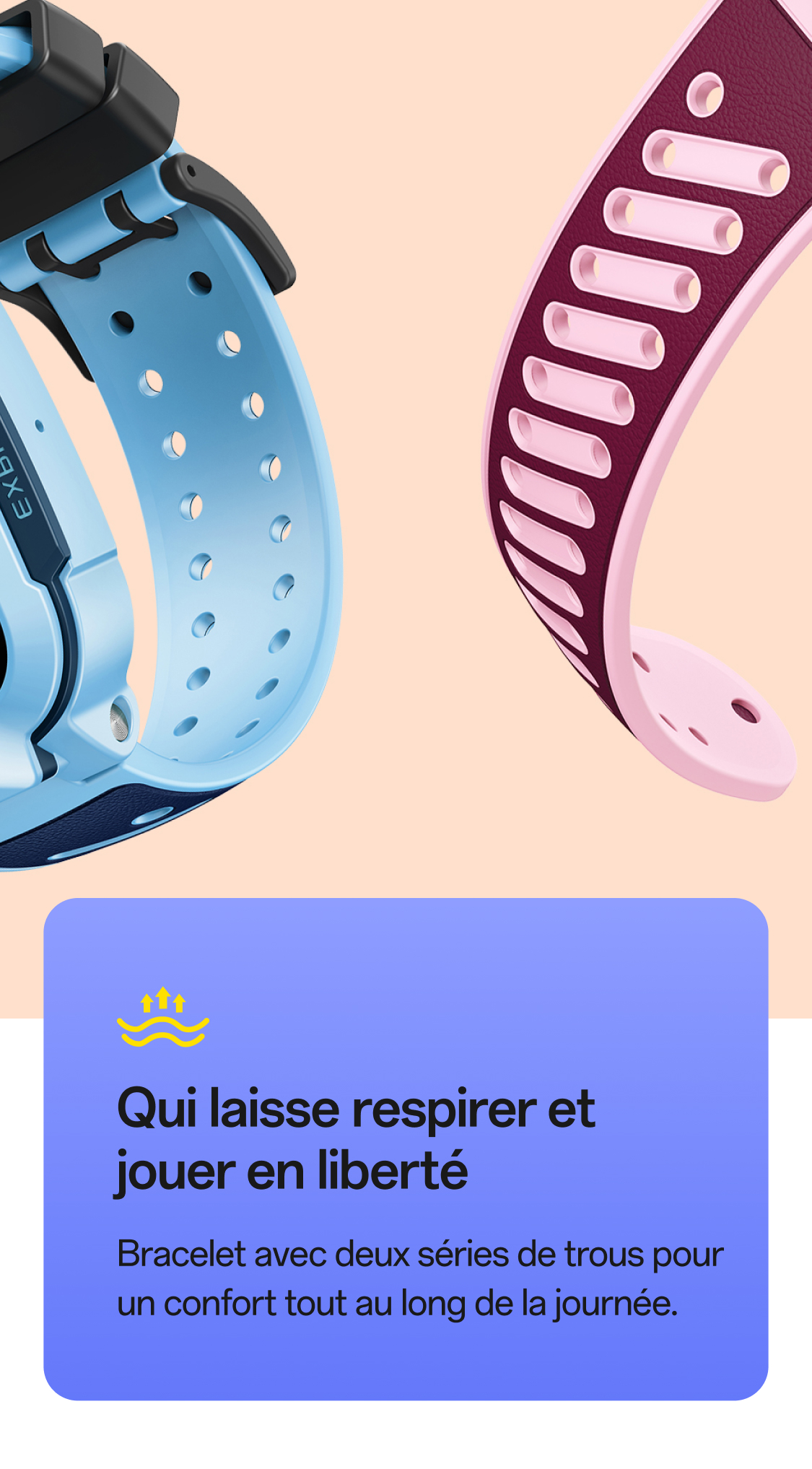 imoo Z3 Kinderuhr Armbänder: Hellblau und Bordeauxrot mit Doppel-Loch-Design für ganztägigen Tragekomfort. Produktseite.