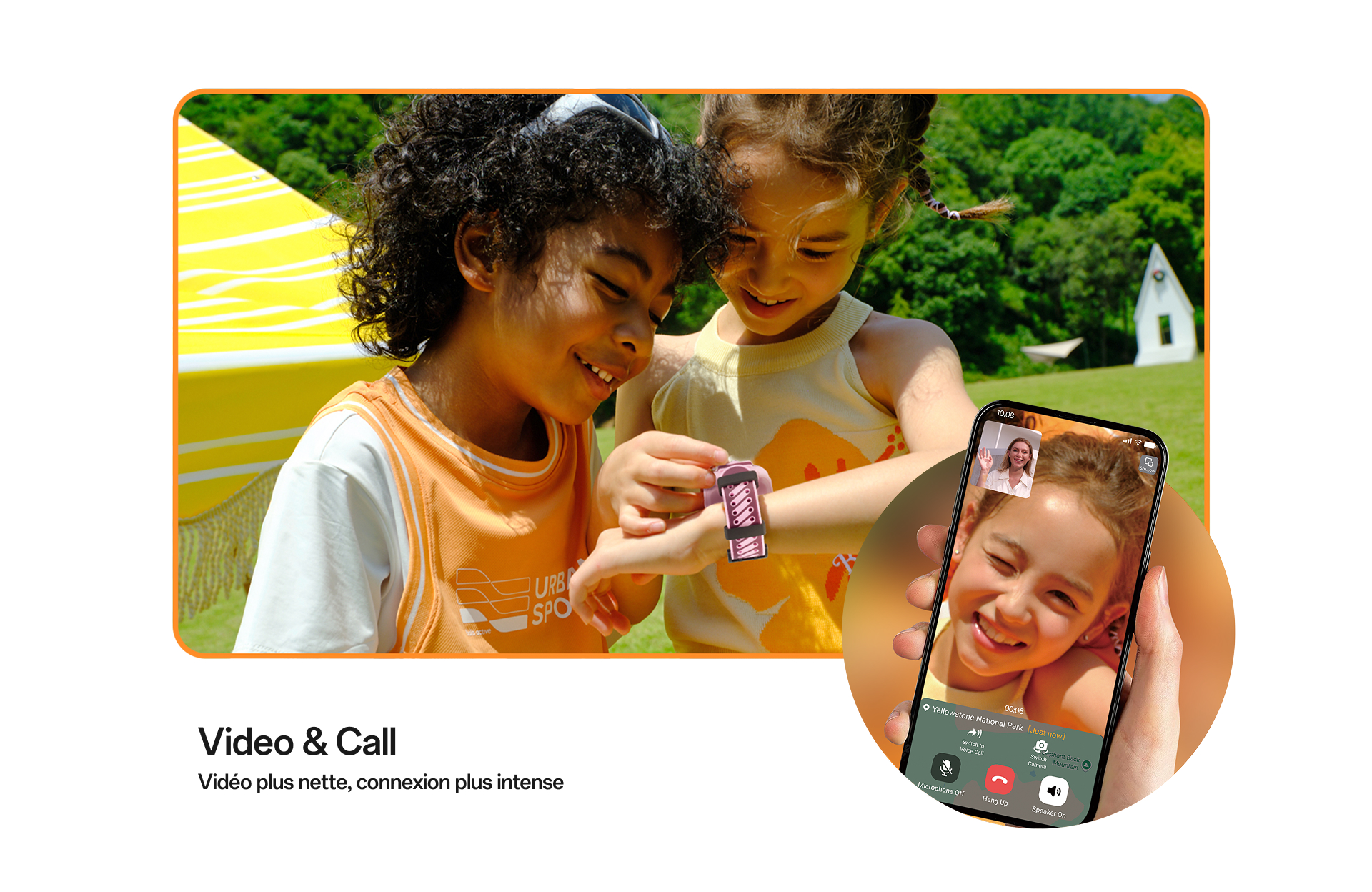 Kinder nutzen imoo Smartwatch Z3 mit Videoanruffunktion im Freien, Nahaufnahme der Smartwatch und Smartphone