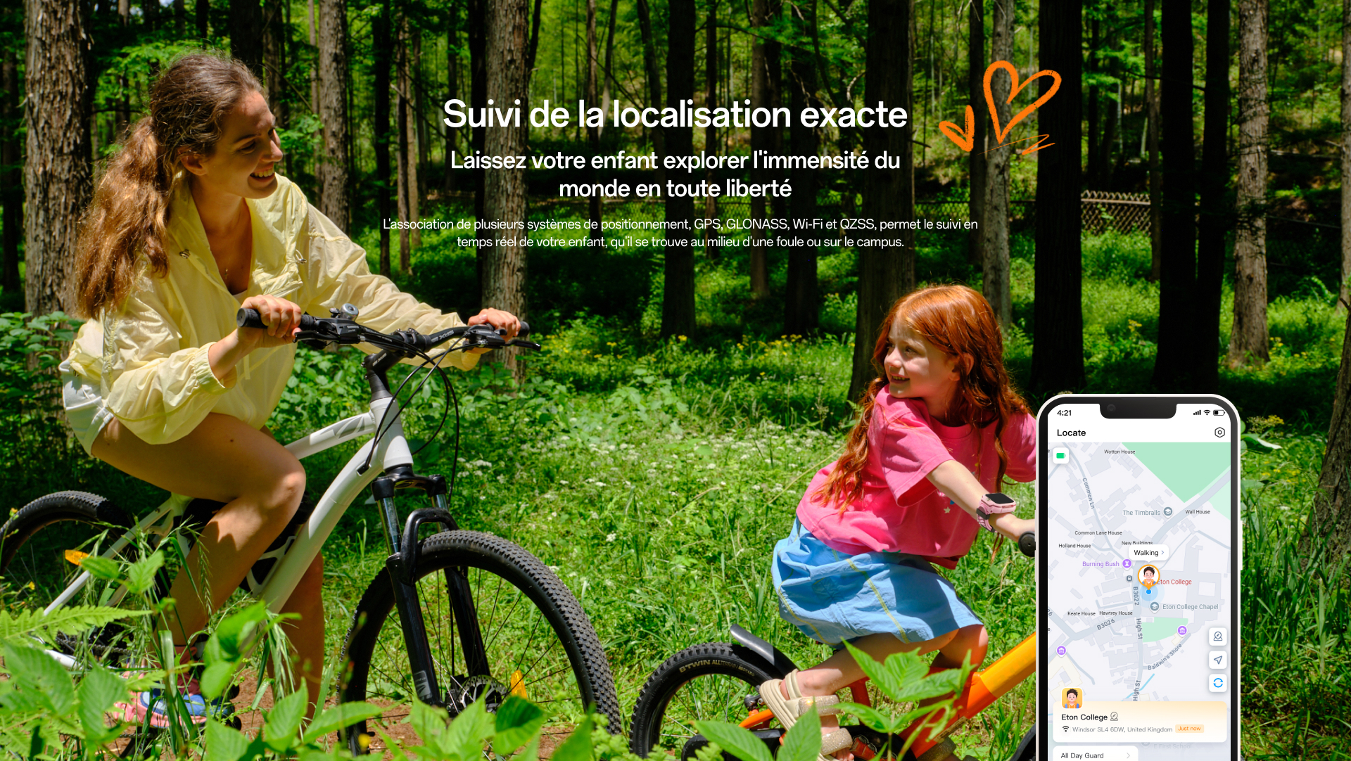 imoo Z3 Kinderuhr in Rosa zeigt Standort auf Smartphone in der 'Locate' App während Radtour im Wald, Produktseite