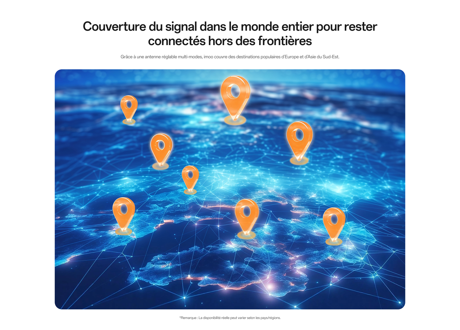 Globale Netzabdeckung von imoo mit leuchtenden Verbindungen und Standort-Pins auf stilisierten Weltkarte.