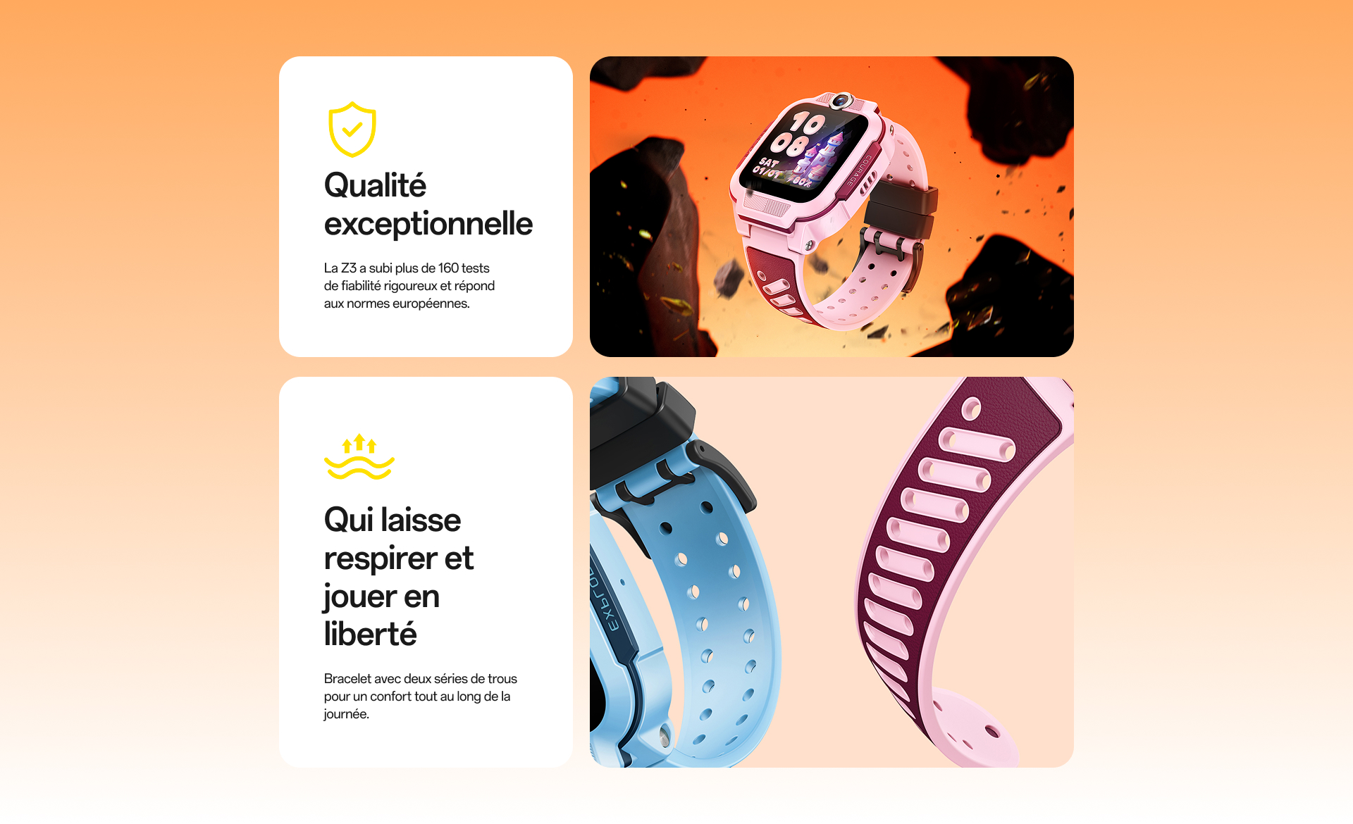 imoo Smartwatch Z3 Pink/Blue: Robust, comfortable strap with double-hole design. Product page feature.