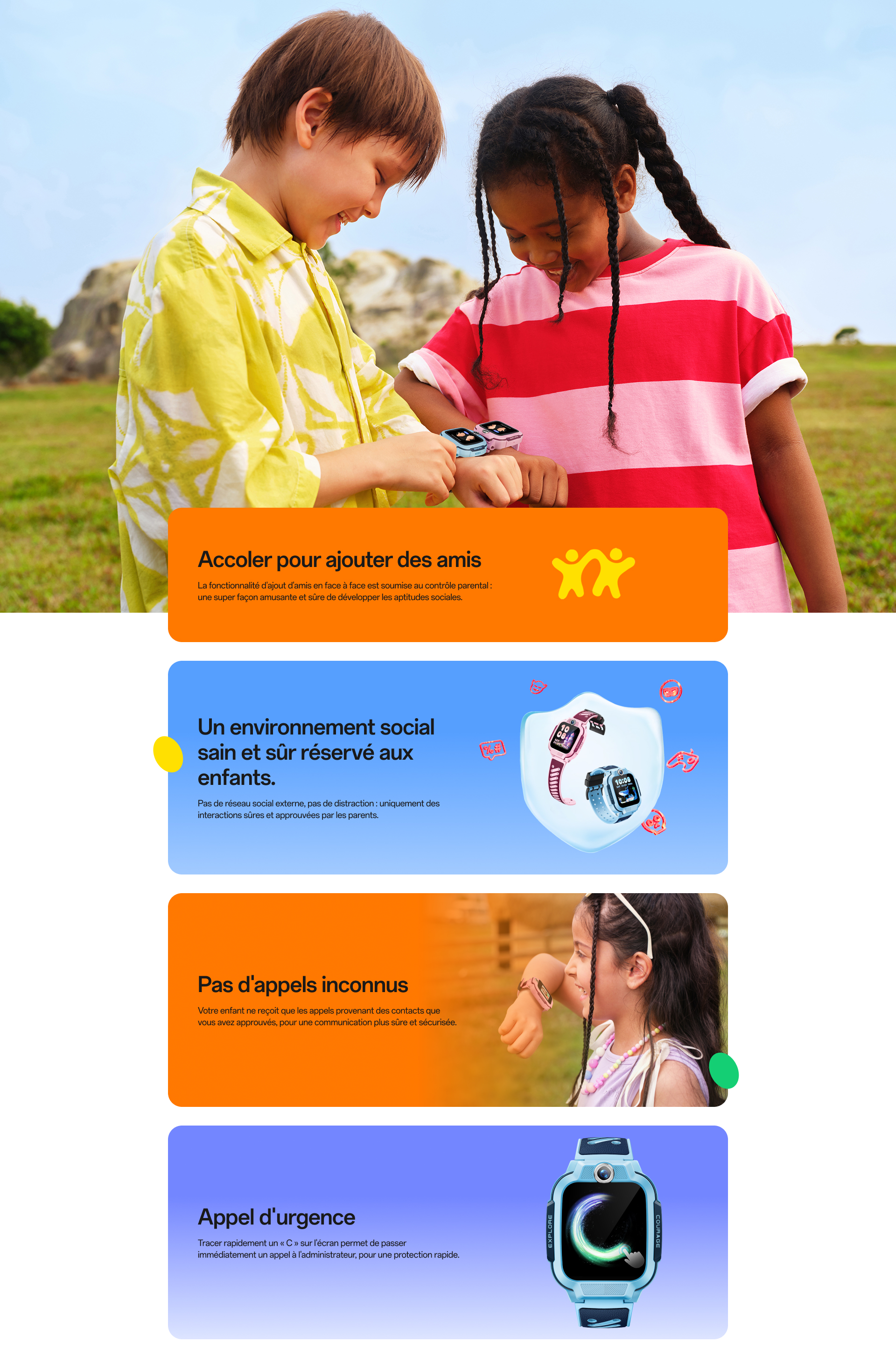 imoo Smartwatch Z3: Junge und Mädchen fügen im Freien Freunde über die blau-rosa Smartwatch hinzu