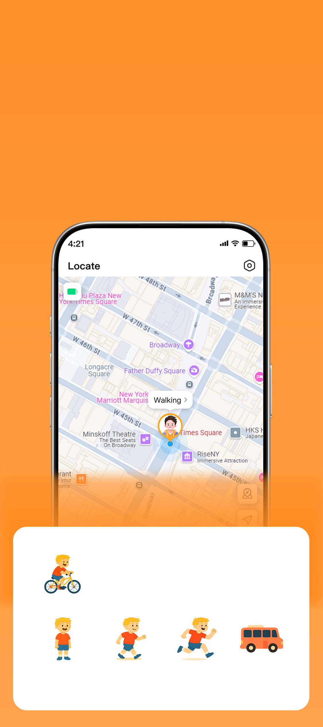 All day status stay connected to child's daily life locate track activities walking running bike bus