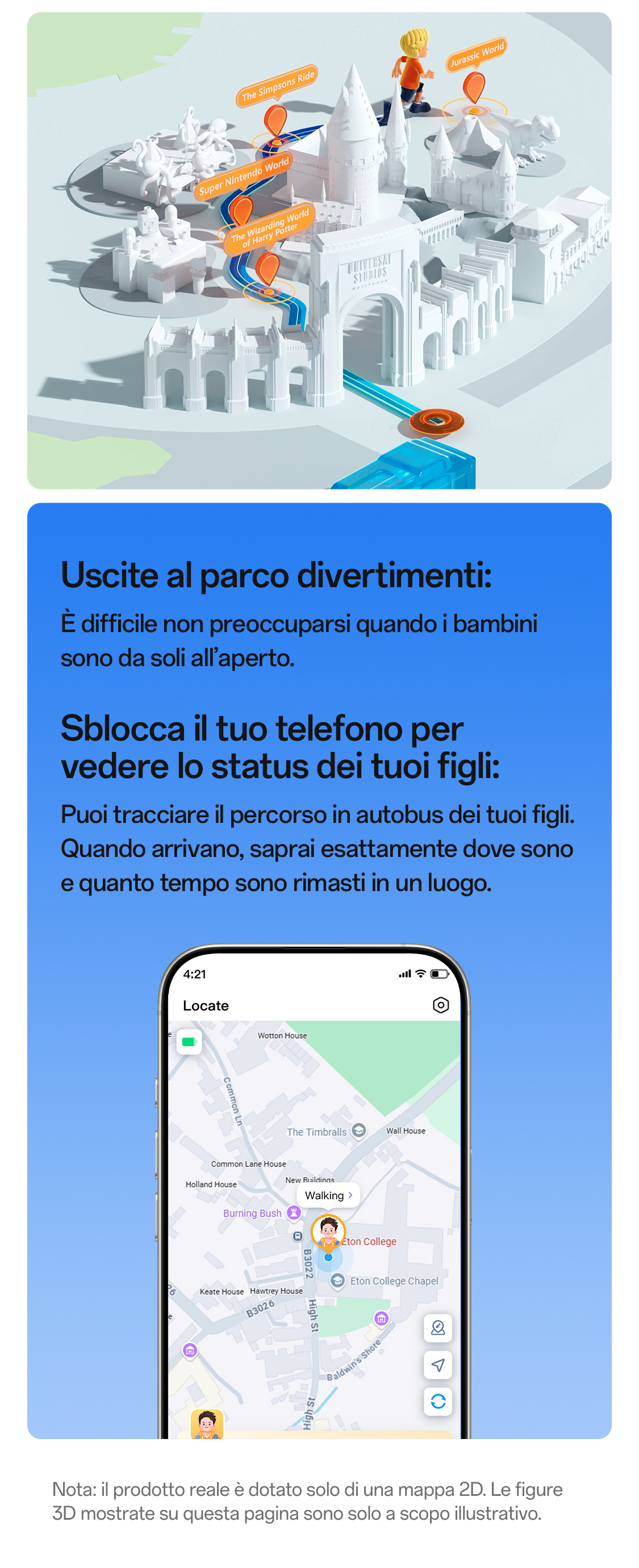 imoo Smartwatch X10 Standortverfolgung im Freizeitpark via 'Locate'-App auf Smartphone. Produktseite.