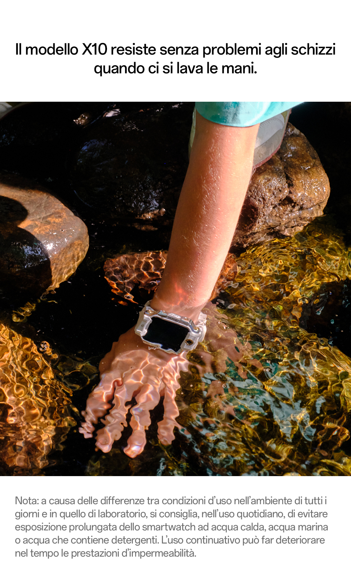 imoo Smartwatch X10 mit transparentem Armband im Wasser; zeigt Wasserdichtigkeit. Produktseite.