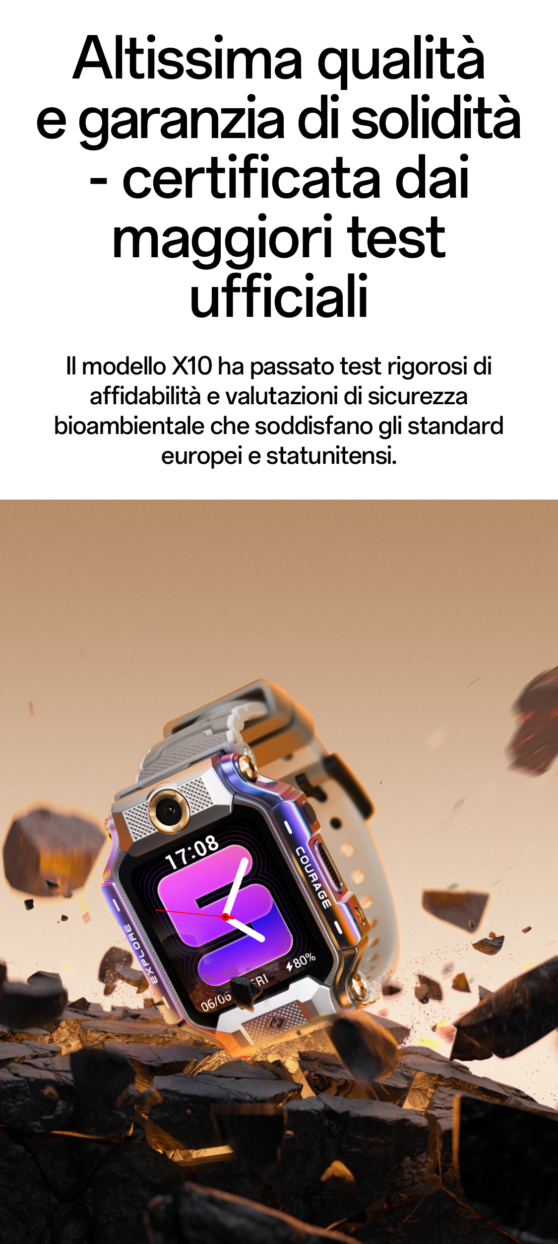 imoo Smartwatch X10 in Grau und Silber mit weißem Armband, umgeben von Gesteinsbrocken zur Hervorhebung der Robustheit.