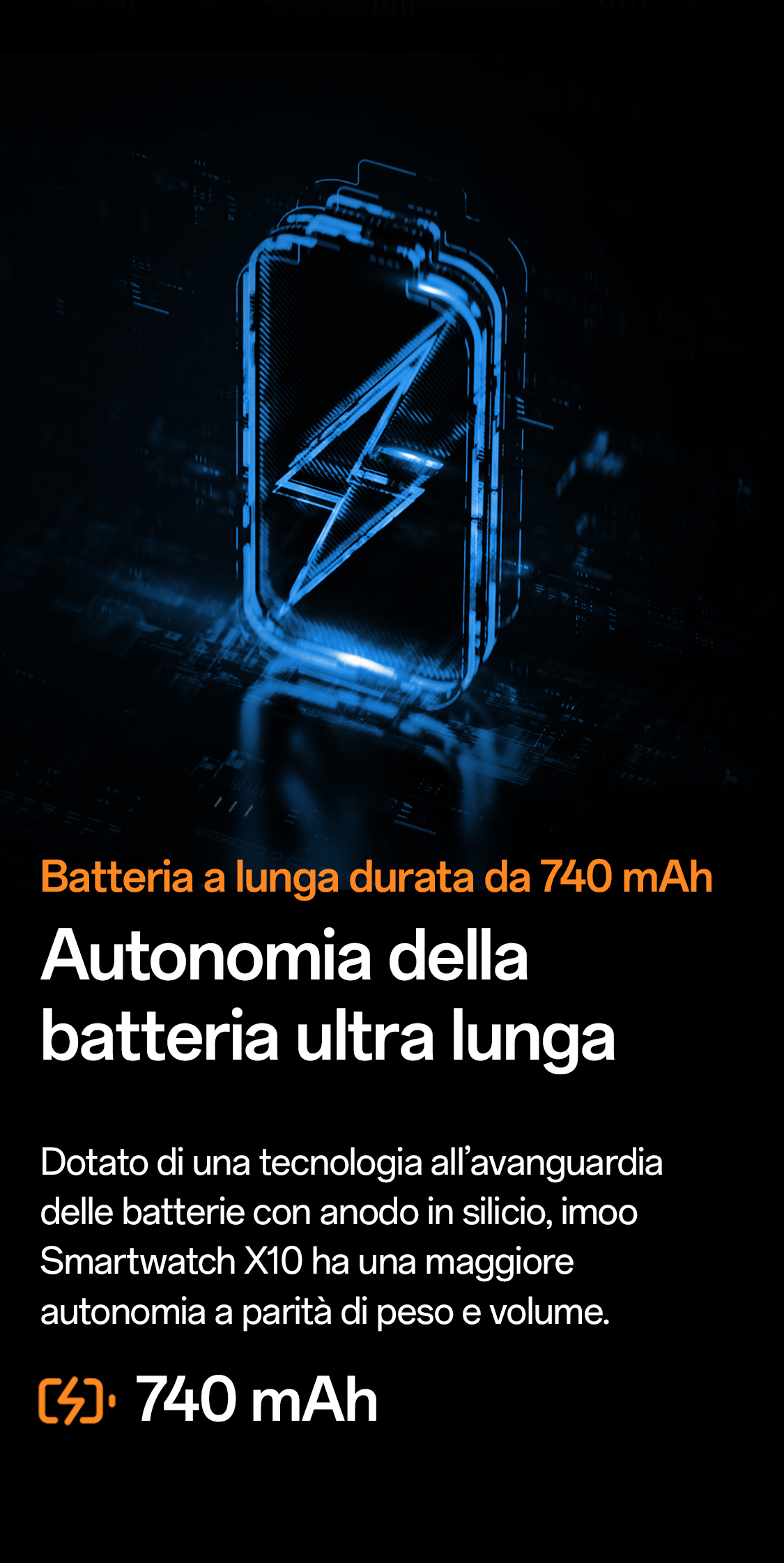 imoo Smartwatch X10: 740 mAh Akku mit Blitzsymbol, betont ultralange Laufzeit. Produktseite.