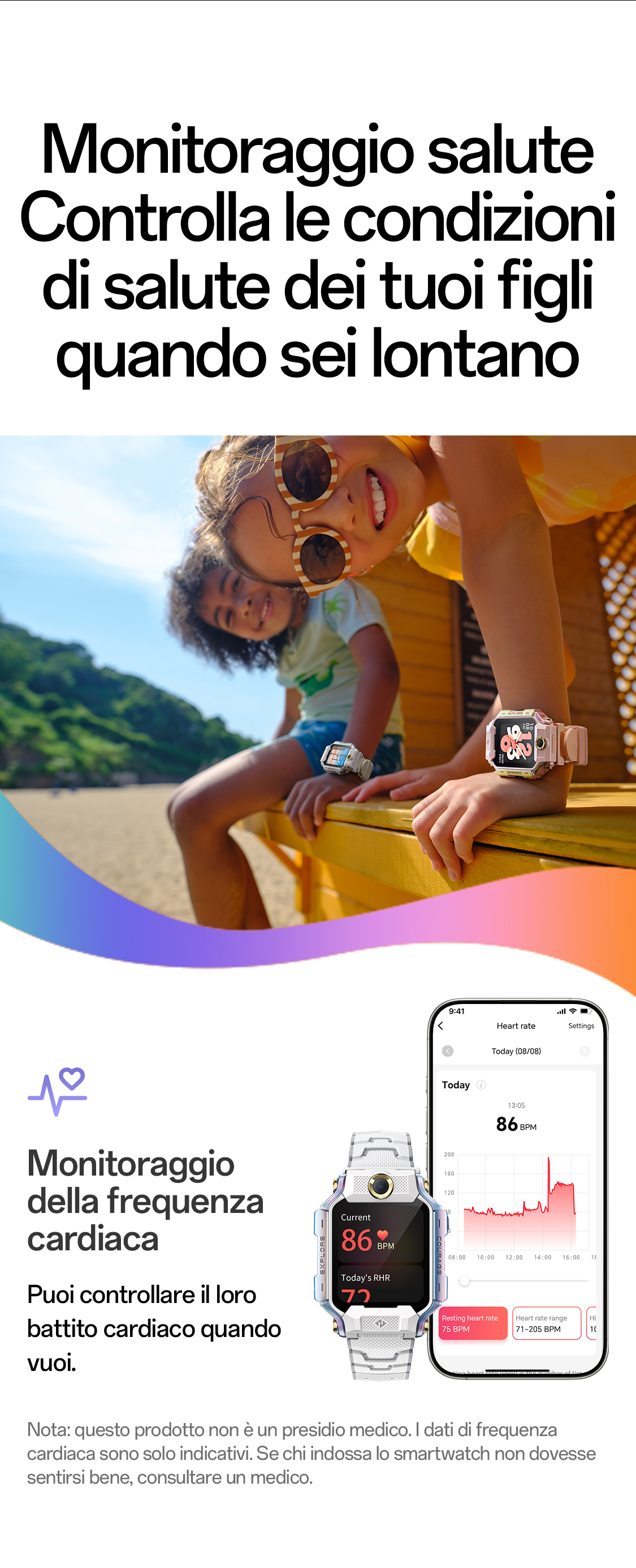 imoo Smartwatch X10 zeigt Herzfrequenzmessung bei Kindern und die dazugehörige App. Produktseite.