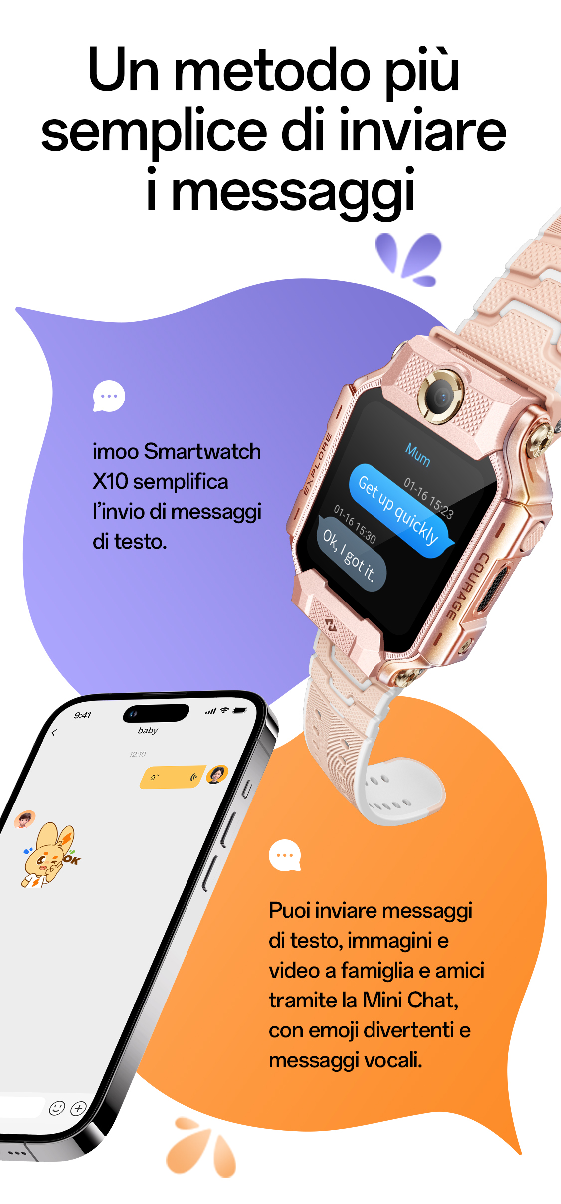 imoo Smartwatch X10: Zwei Kinder vergleichen ihre Uhren im Freien, um Freunde hinzuzufügen. Grau und Roségold Varianten.
