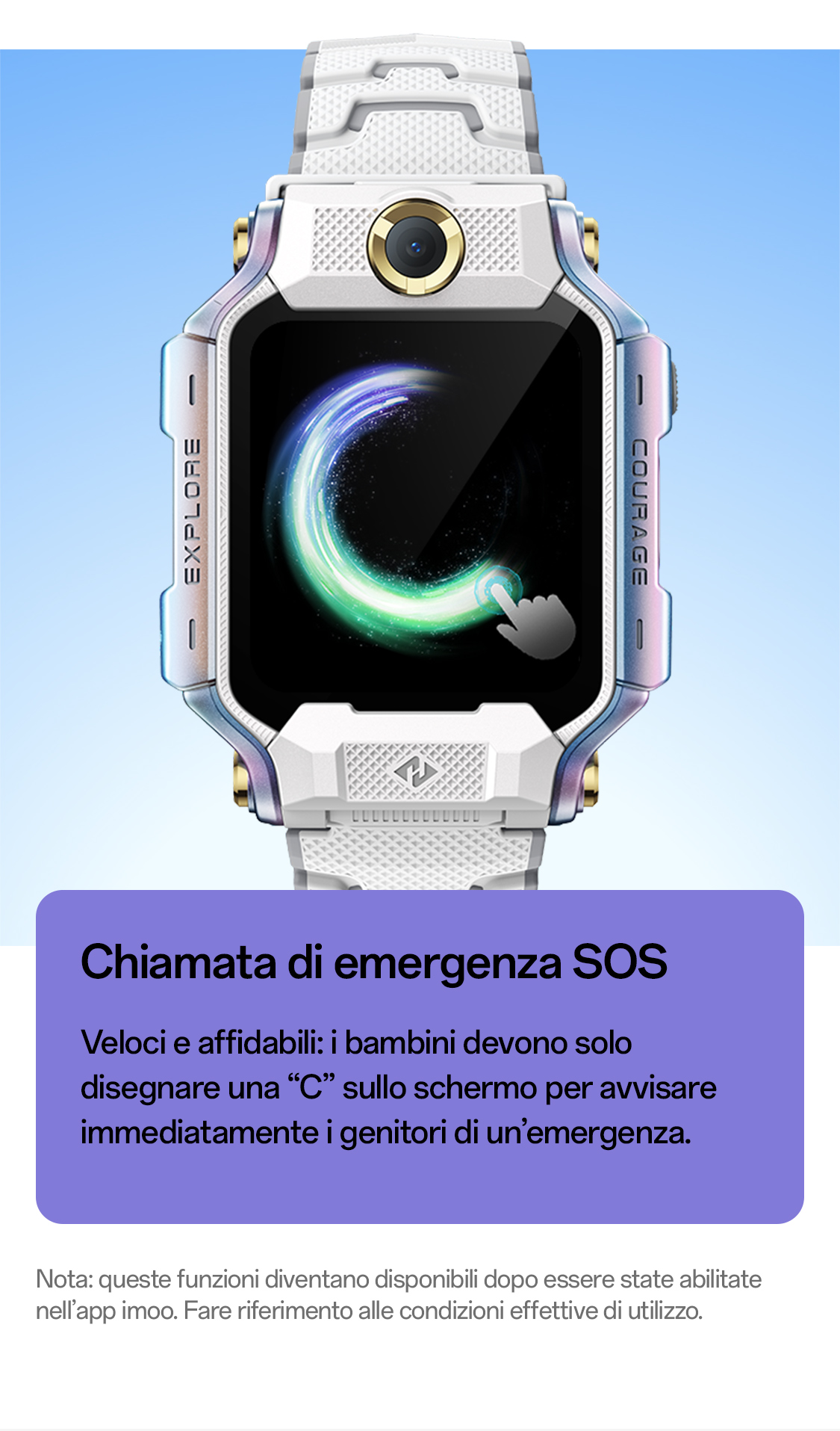 Vier Kinder mit imoo Smartwatch X10 in Rosa, Weiß und Grau zeigen Dual-Kamerafunktionen. Produktfoto.